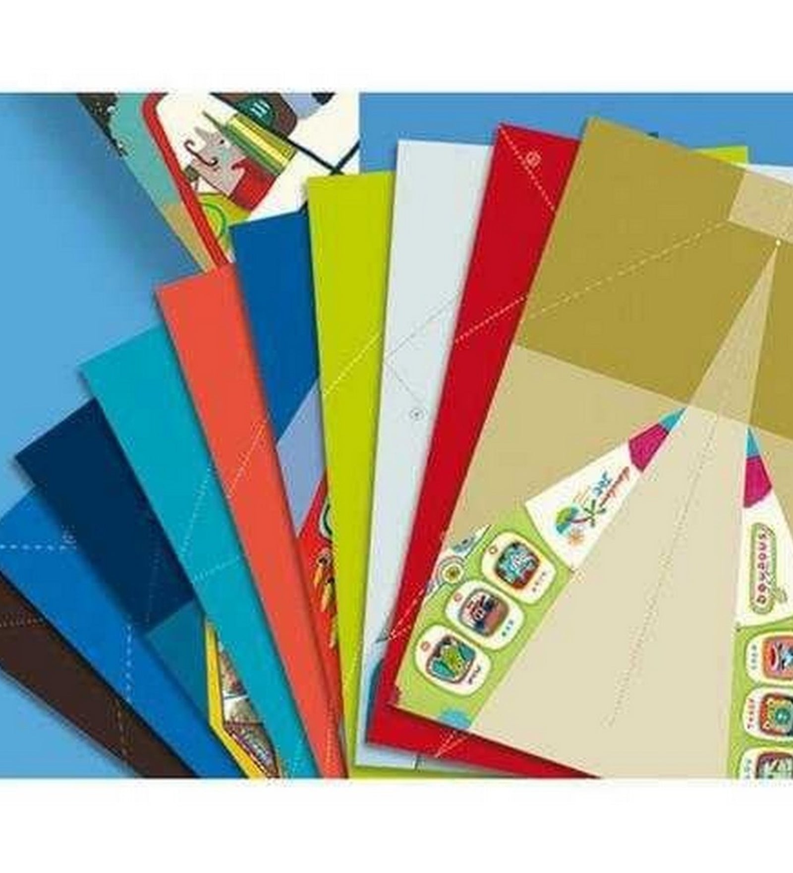 Djeco Origami Avions papírrepülő készlet színes, előre mintázott lapokkal, hajtogatáshoz előkészített ívekkel.