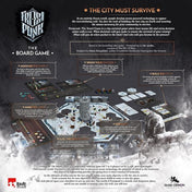 A Frostpunk: The Board Game társasjáték részletes bemutatója, amely a játéktáblát, a központi generátort, különböző modulokat, jelölőket és kártyákat mutatja be, valamint szöveges leírást ad a játékmenet fő elemeiről, mint például a remény fenntartása, törvények hozatala és a város építése.