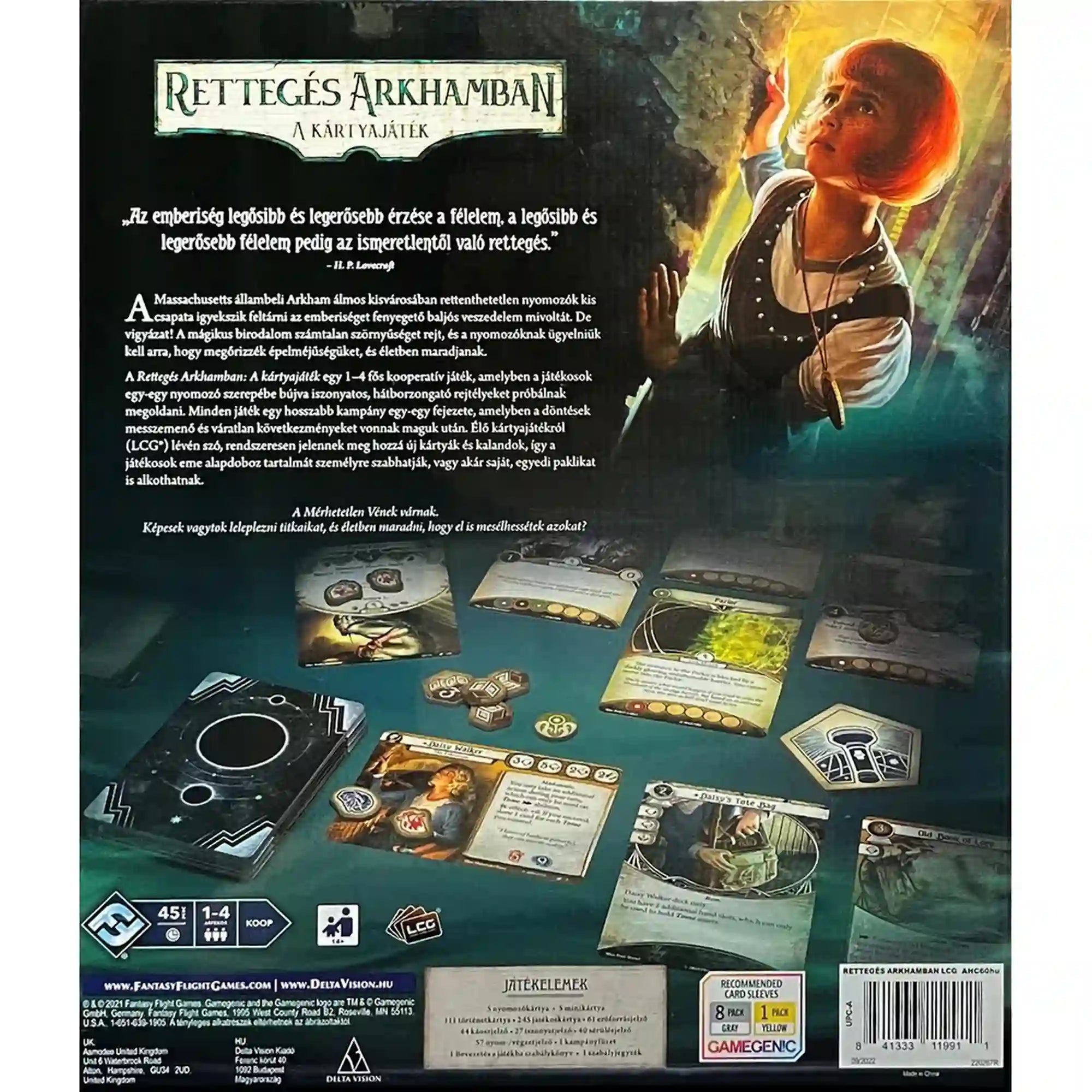 Rettegés Arkhamban: A kártyajáték dobozának hátoldala, játékleírással és kártyák bemutatásával.