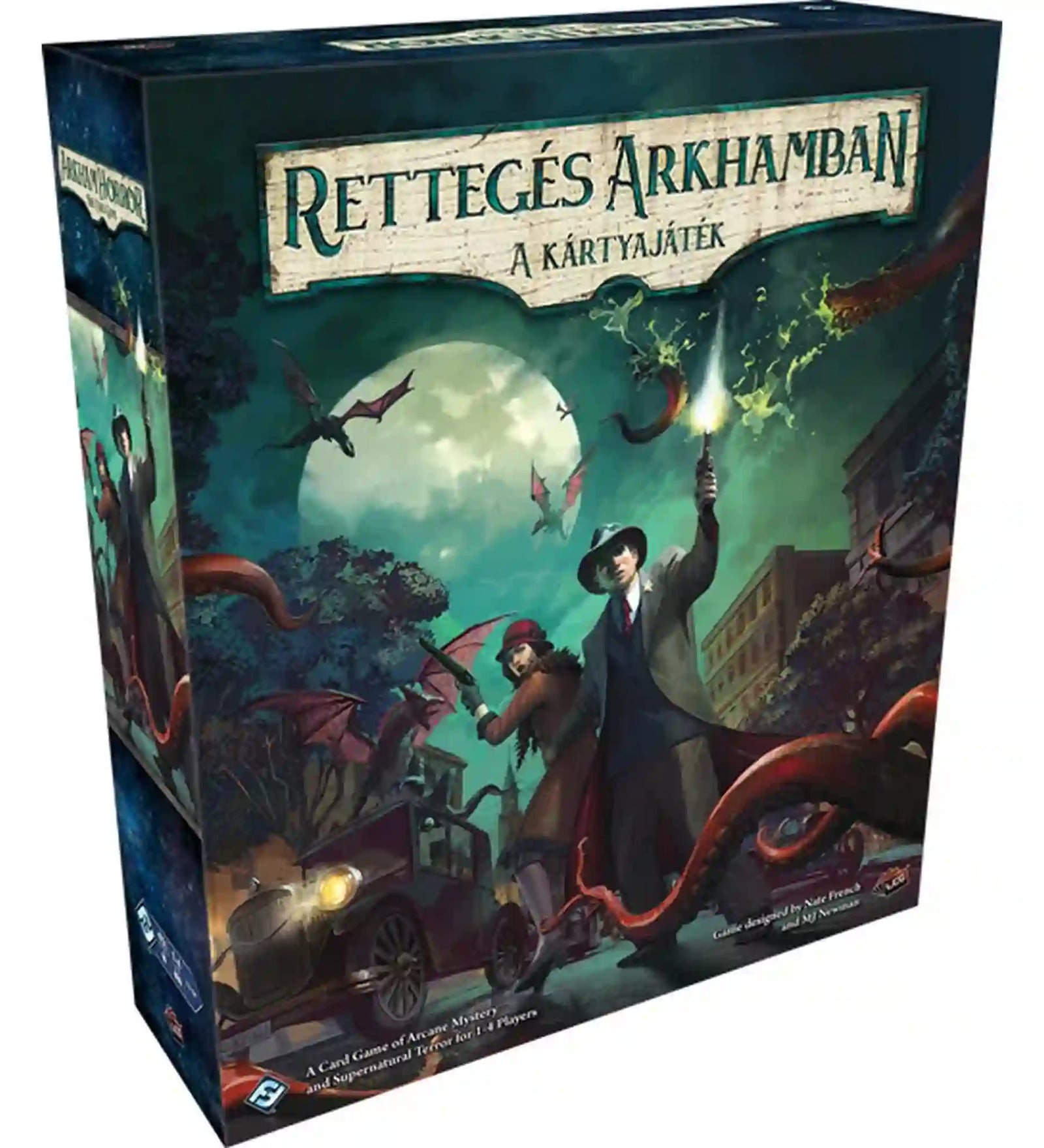 Rettegés Arkhamban: A kártyajáték doboza, nyomozókkal és szörnyekkel teli, sötét hangulatú illusztrációval.