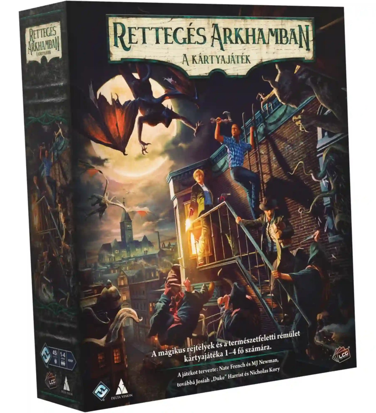A Rettegés Arkhamban: A kártyajáték dobozképe, amely egy sötét, lovecrafti hangulatú jelenetet ábrázol. A nyomozók egy arkhami háztetőn próbálnak menekülni a holdfényben megjelenő rémisztő szörnyek és természetfeletti lények elől. A kooperatív horror társasjáték doboza jól tükrözi a nyomozás, a túlélés és a kozmikus rettegés világát.