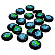 Rettegés Arkhamban: Lovecraft Levél őrületjelölők, agy és kígyó ikonokkal ellátott korongok a dedukciós játékhoz