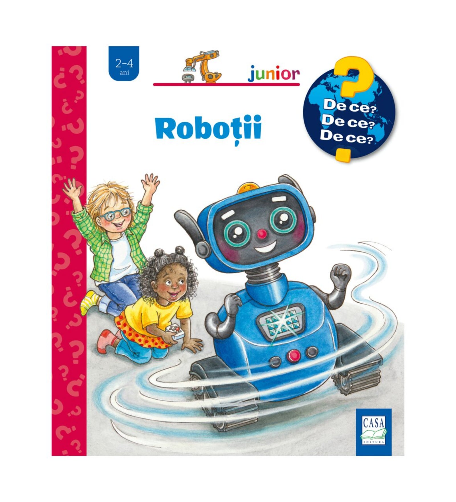 „Roboții” gyerekkönyv borítója, amelyen egy mosolygó kék robot gurul a földön, mellette két vidám kisgyerek játszik és nevet.
