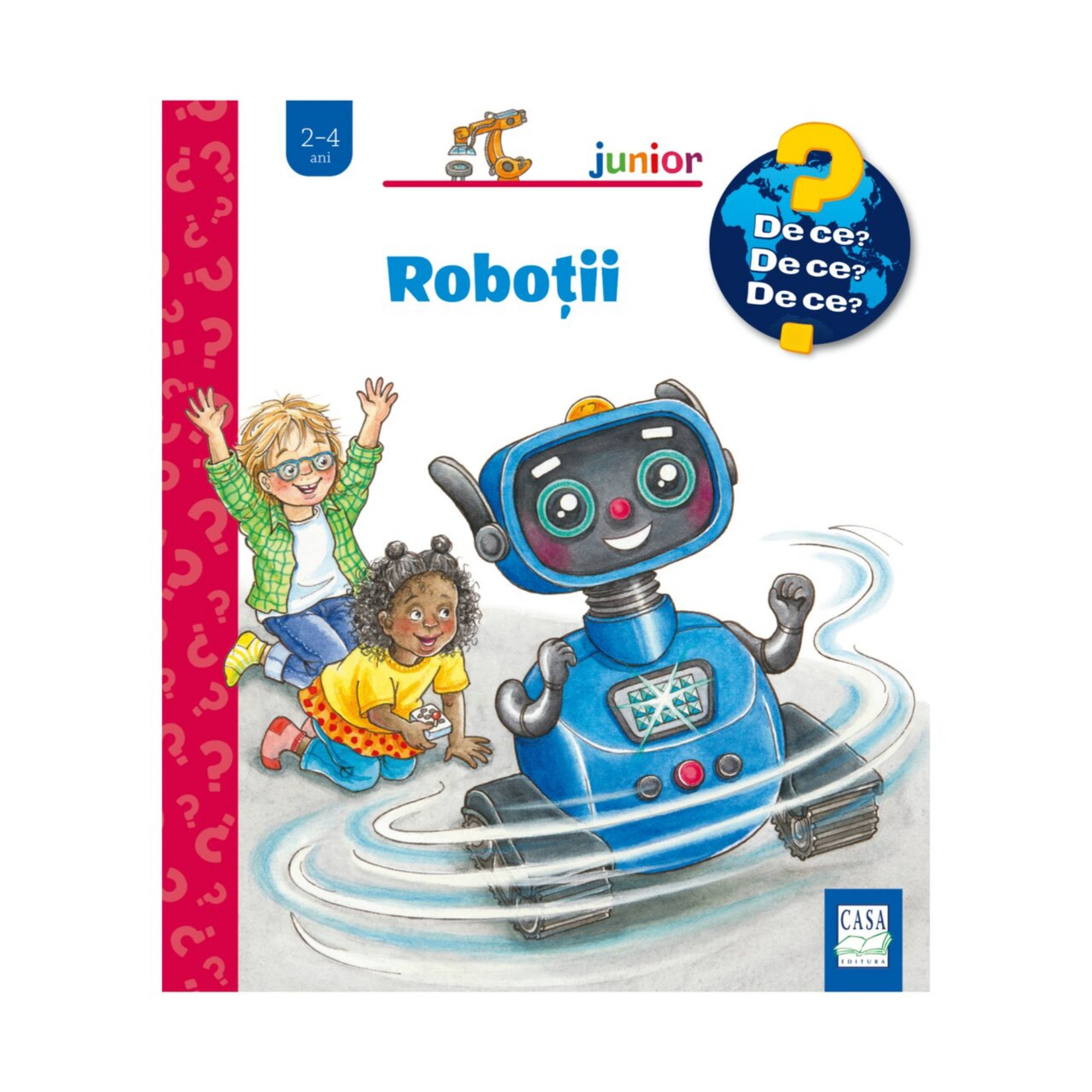 „Roboții” gyerekkönyv borítója, amelyen egy mosolygó kék robot gurul a földön, mellette két vidám kisgyerek játszik és nevet.