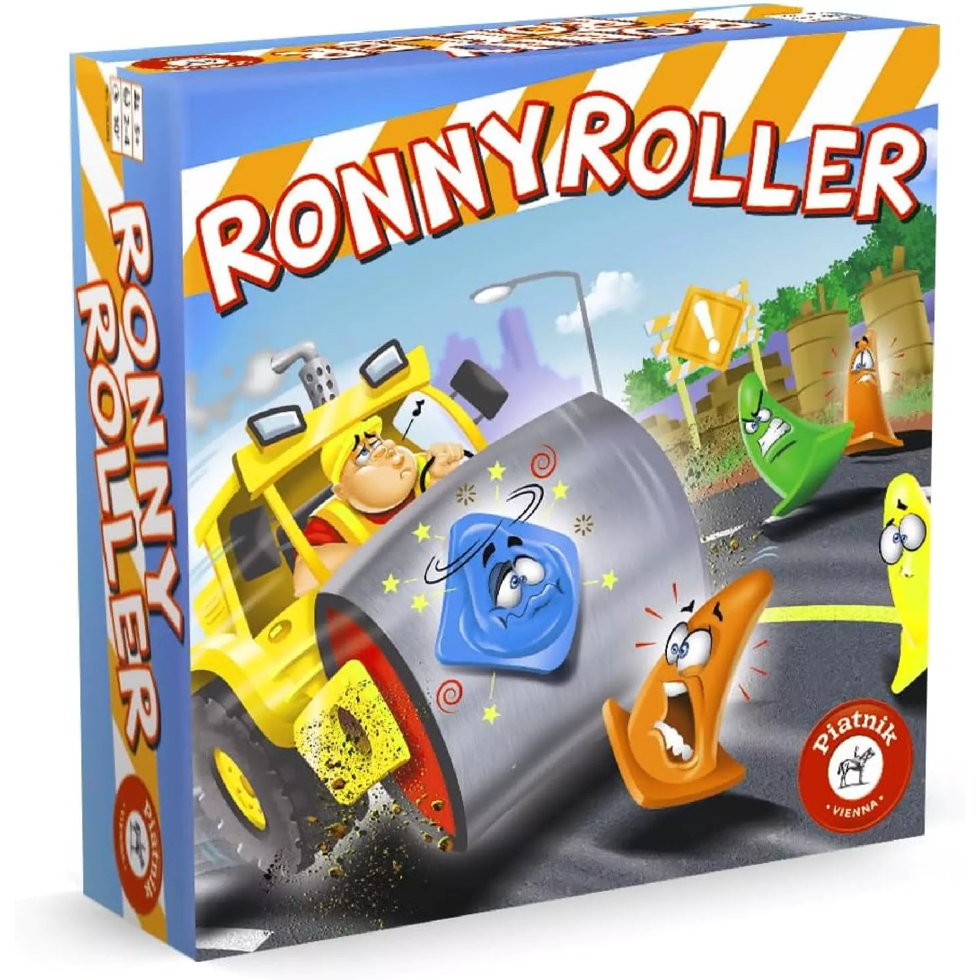 Ronny Roller társasjáték doboza: a borítón egy sárga úthenger látható, amellyel Ronny épp színes, vicces figurákat próbál elgázolni – izgalmas és mókás játékélményt ígér.