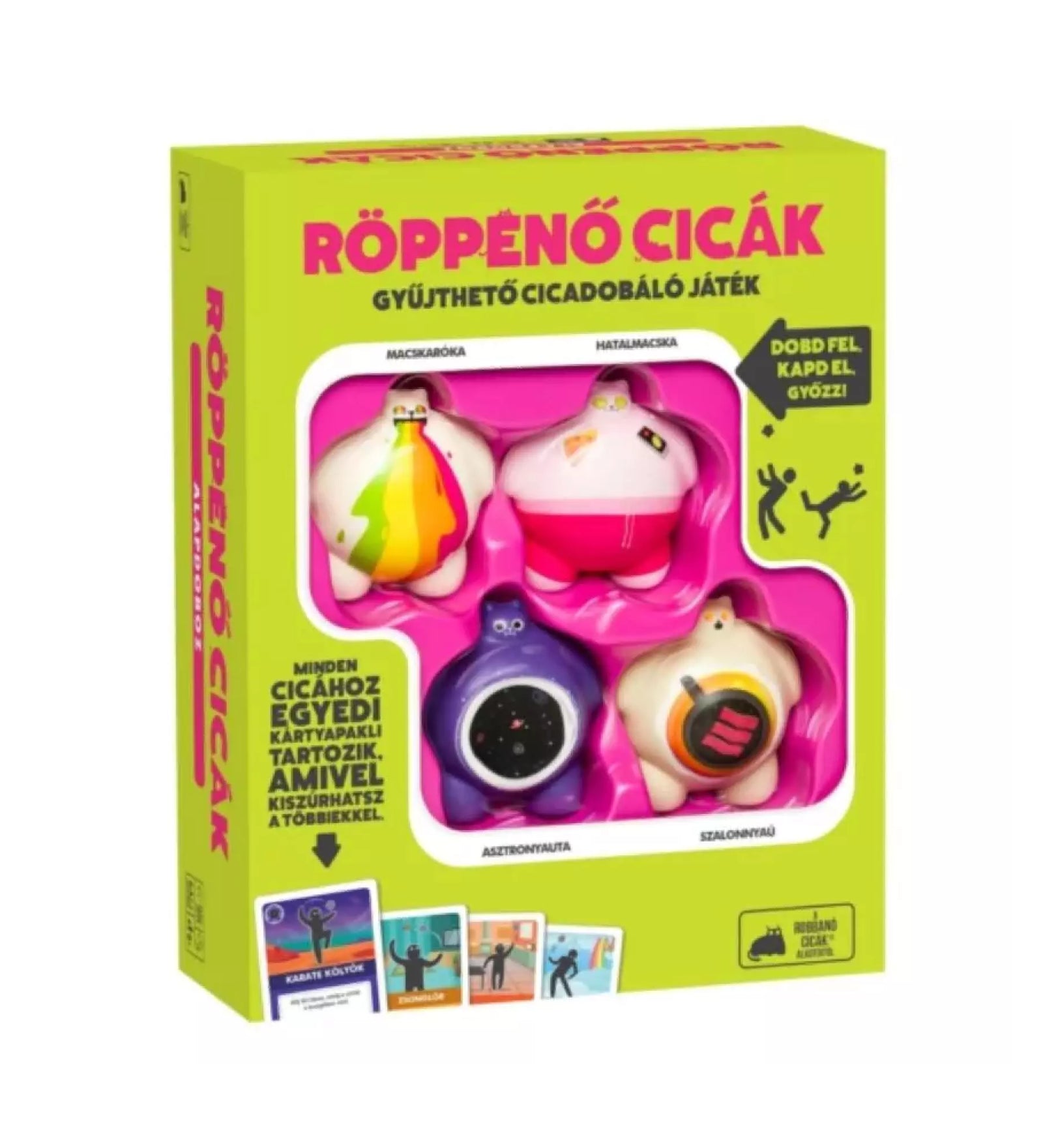 Röppenő Cicák játék doboza, benne négy különleges színes cicafigurával és a hozzájuk tartozó kártyákkal.