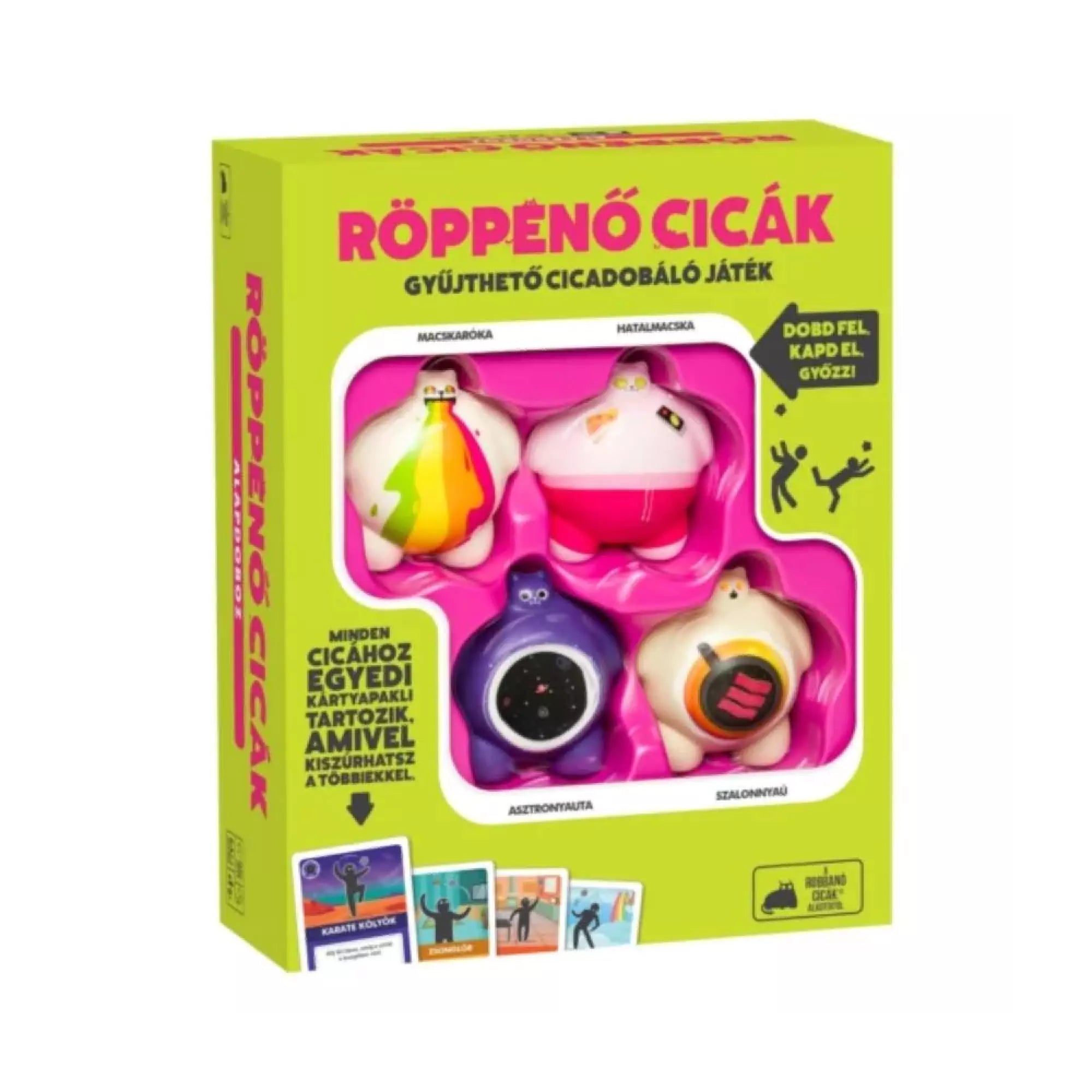 Röppenő Cicák játék doboza, benne négy különleges színes cicafigurával és a hozzájuk tartozó kártyákkal.