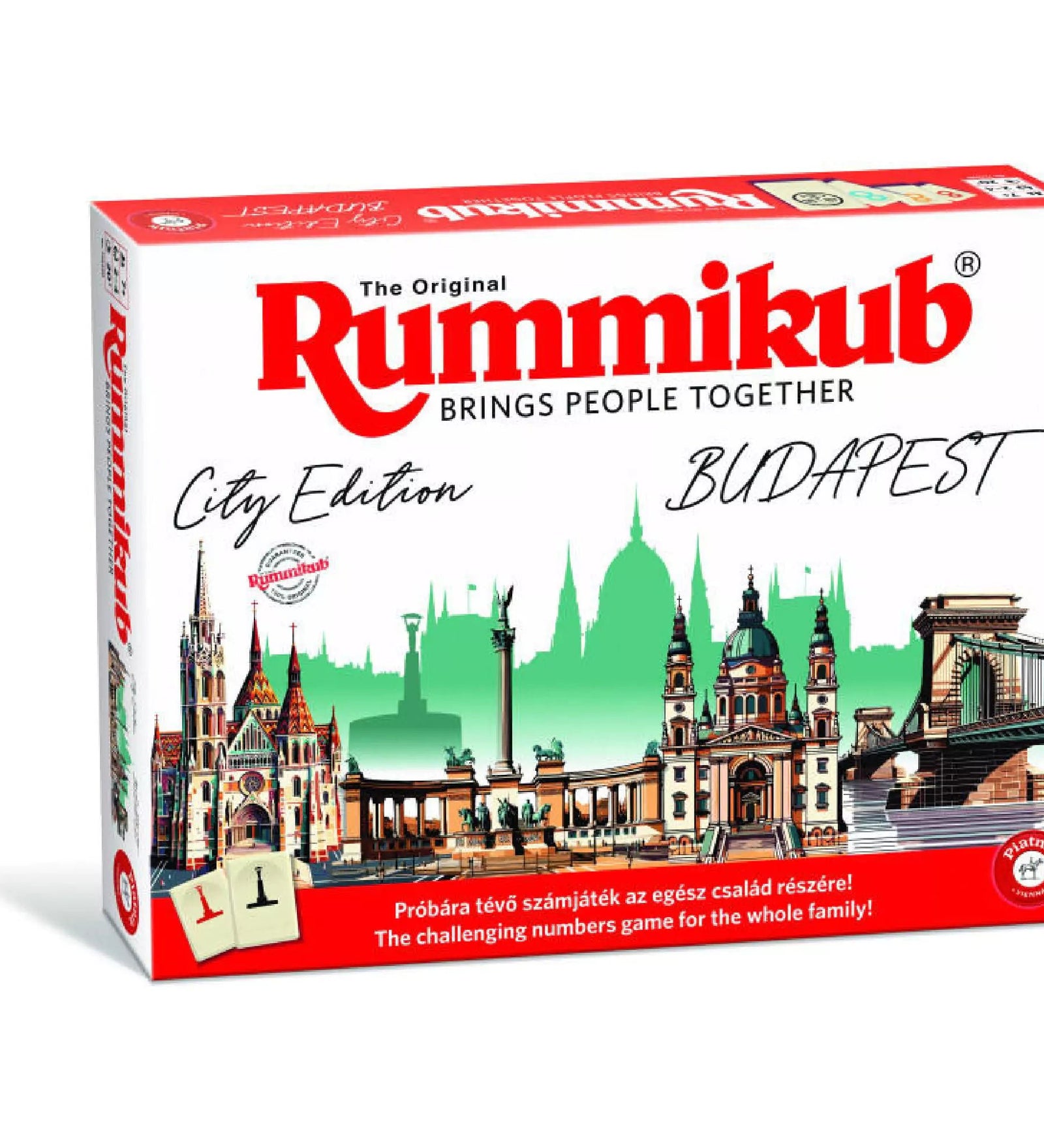 Rummikub City Edition Budapest társasjáték doboza, amely ikonikus budapesti nevezetességekkel díszített – egy klasszikus számjáték új, városihangulatú kiadásban.