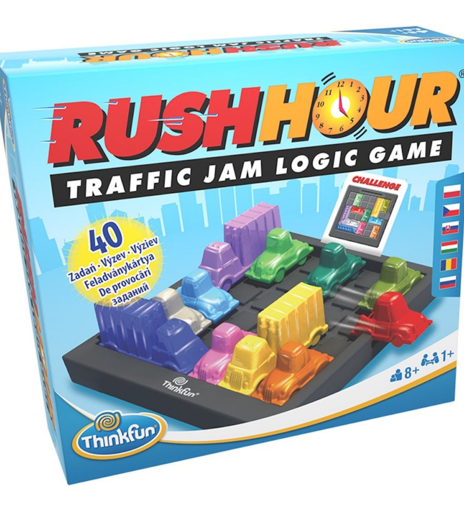 ThinkFun Rush Hour Csúcsforgalom logikai társasjáték doboza, színes autókkal és teherautókkal ábrázolt pályával a borítón.
