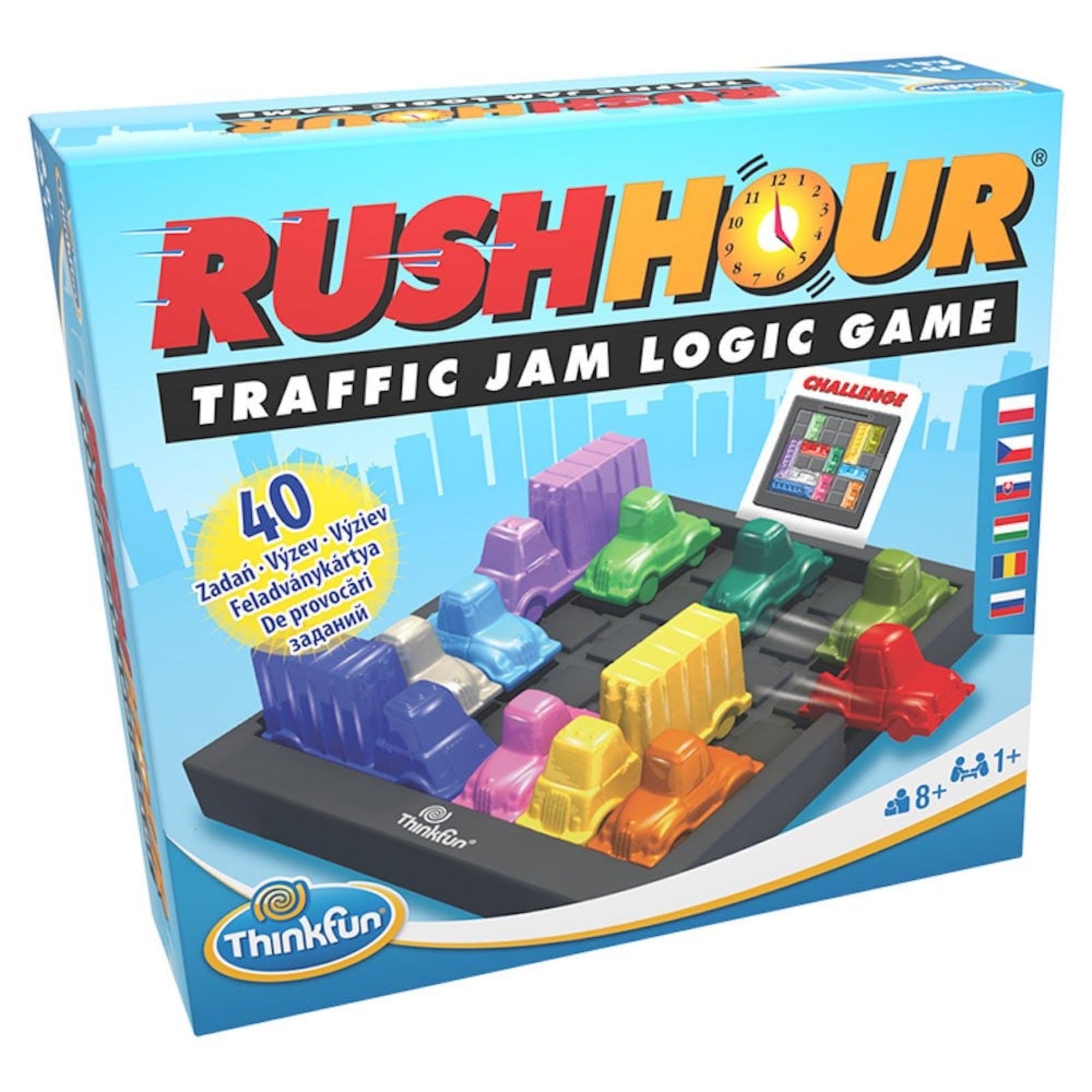 ThinkFun Rush Hour Csúcsforgalom logikai társasjáték doboza, színes autókkal és teherautókkal ábrázolt pályával a borítón.