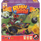 Rush and Bash társasjáték doboza, színes és dinamikus borítójával, a versenyautókkal és a veszélyes akadályokkal.