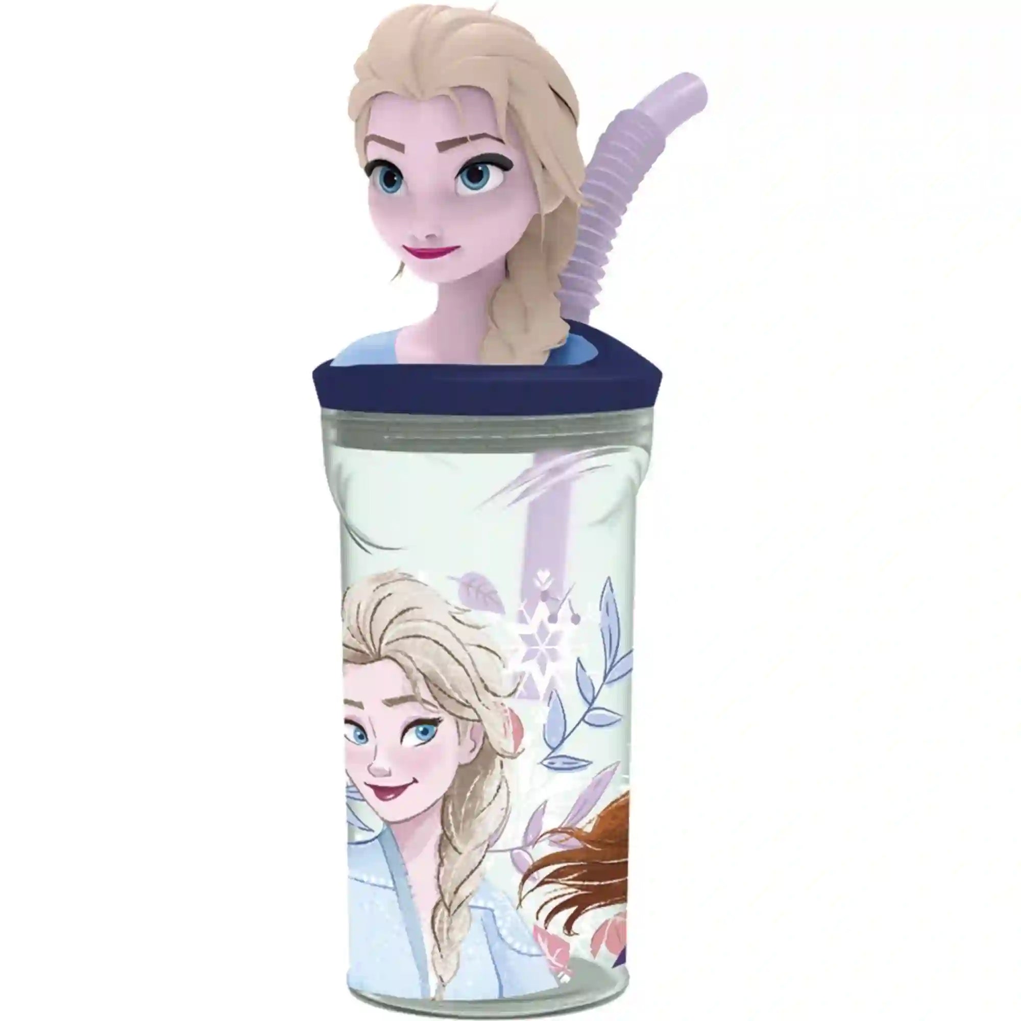 STOR Jégvarázs mintás 360 ml-es gyerekpohár, áttetsző pohártesttel, sötétkék fedéllel, hajlítható lila szívószállal, 3D Elza figurával és hópelyhes Frozen grafikával.
