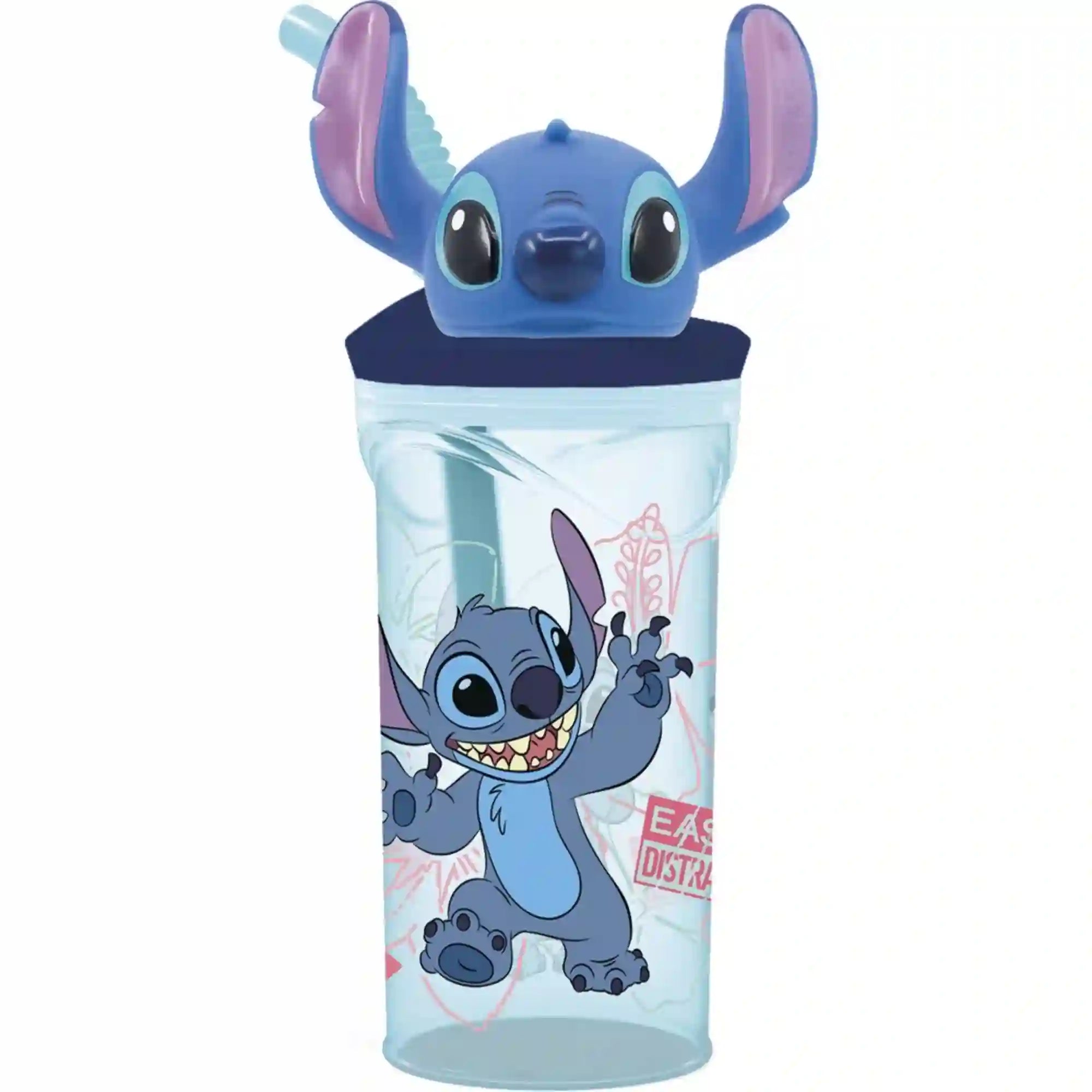 STOR Stitch mintás 360 ml-es gyerekpohár, áttetsző világoskék pohártesttel, sötétkék fedéllel, hajlítható világoskék szívószállal, 3D Stitch fejjel és vidám Disney Stitch grafikával.