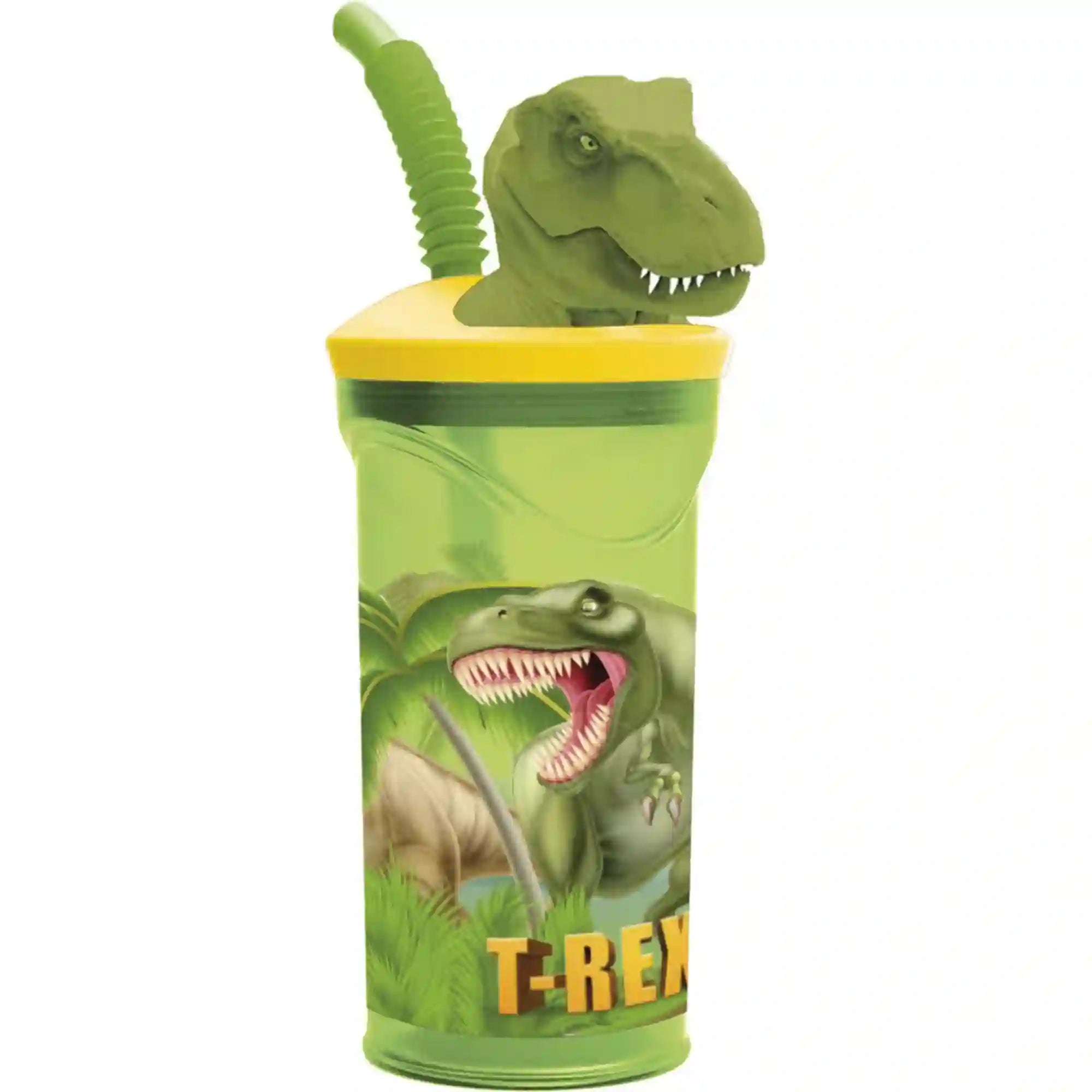 STOR dinoszaurusz mintás 360 ml-es gyerekpohár, áttetsző zöld pohártesttel, sárga fedéllel, hajlítható zöld szívószállal, 3D T-Rex fejjel és dinoszauruszos mintával.