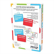 A Same Same But Different társasjáték dobozának hátoldala, amely bemutatja a játék működését, a laza és para kártyák példáit, valamint a játékszabály rövid leírását színes, vidám elrendezésben.