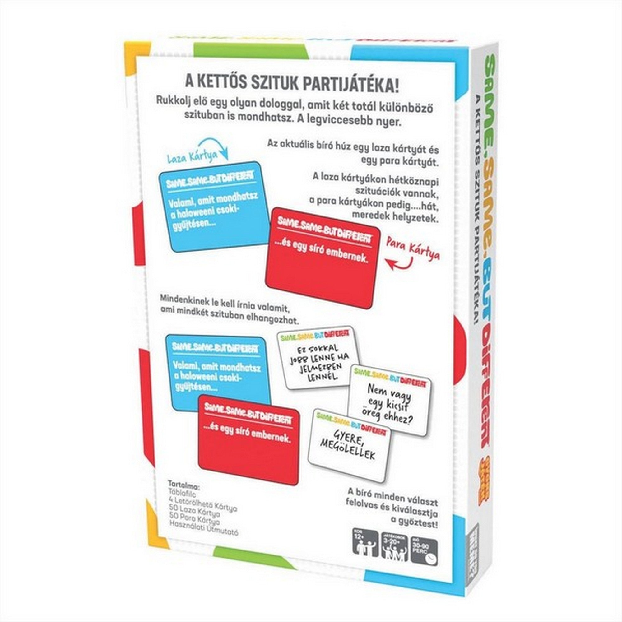 A Same Same But Different társasjáték dobozának hátoldala, amely bemutatja a játék működését, a laza és para kártyák példáit, valamint a játékszabály rövid leírását színes, vidám elrendezésben.