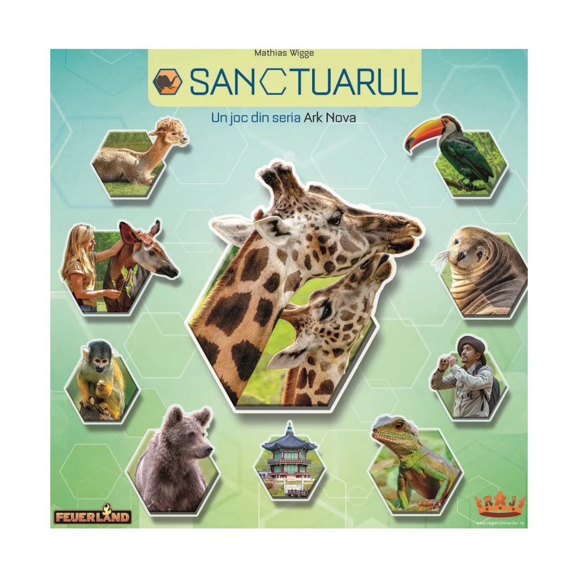 Sanctuarul – A társasjáték dobozának elölnézete, állatokat ábrázoló illusztrációkkal és az Ark Nova sorozatra utaló megjelenéssel.