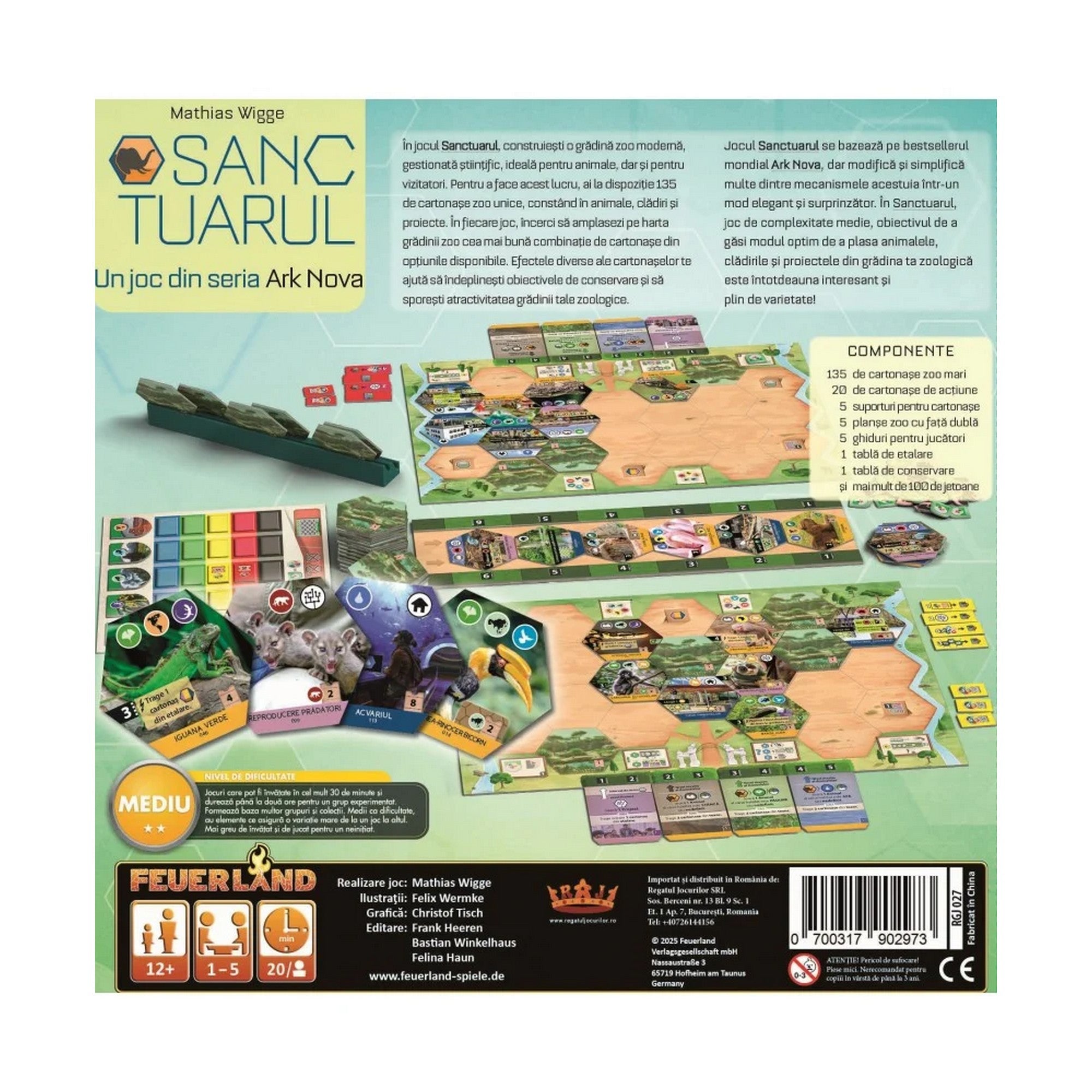 Sanctuarul – A társasjáték dobozának hátoldala, részletes játéktartalommal, táblákkal, kártyákkal és komponensek bemutatásával.