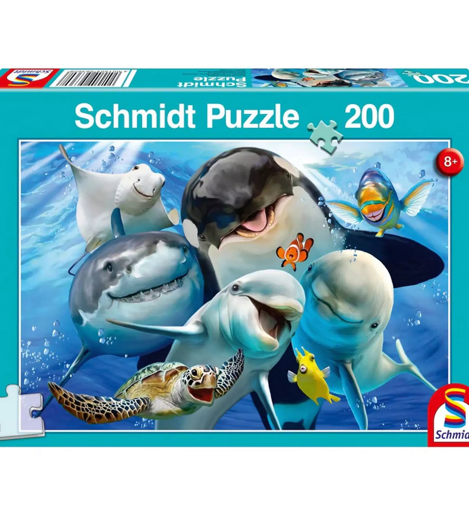  A "Schmidt Puzzle: Vízalatti barátok, 200 darabos" doboza, amelyen barátságos tengeri állatok mosolygó arckifejezései láthatók.