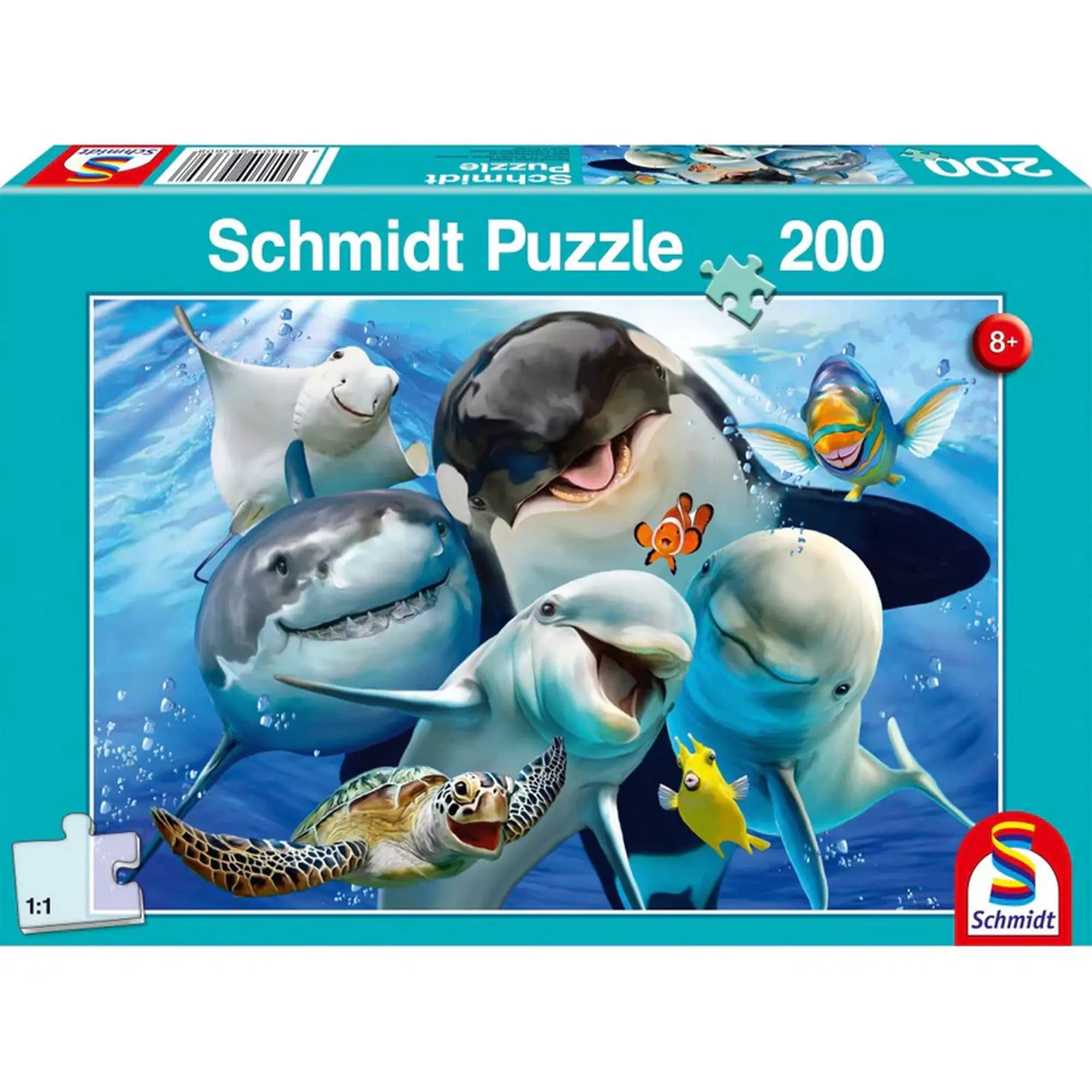  A "Schmidt Puzzle: Vízalatti barátok, 200 darabos" doboza, amelyen barátságos tengeri állatok mosolygó arckifejezései láthatók.