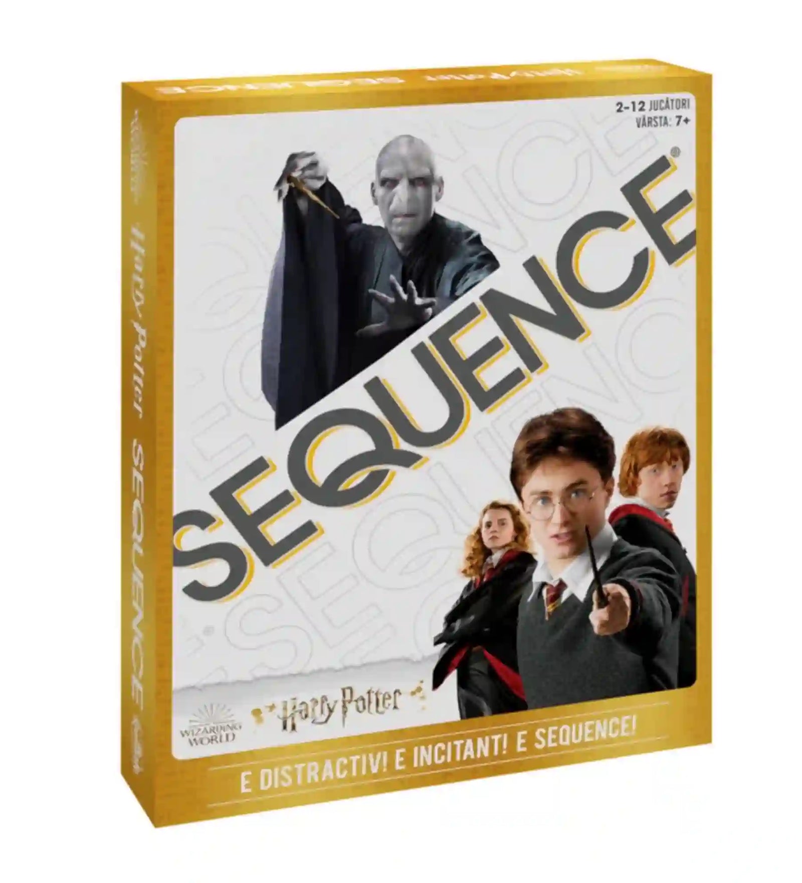 A Harry Potter Sequence társasjáték doboza elölnézetből Harry Potter, Hermione Granger, Ron Weasley és Voldemort szereplőivel.