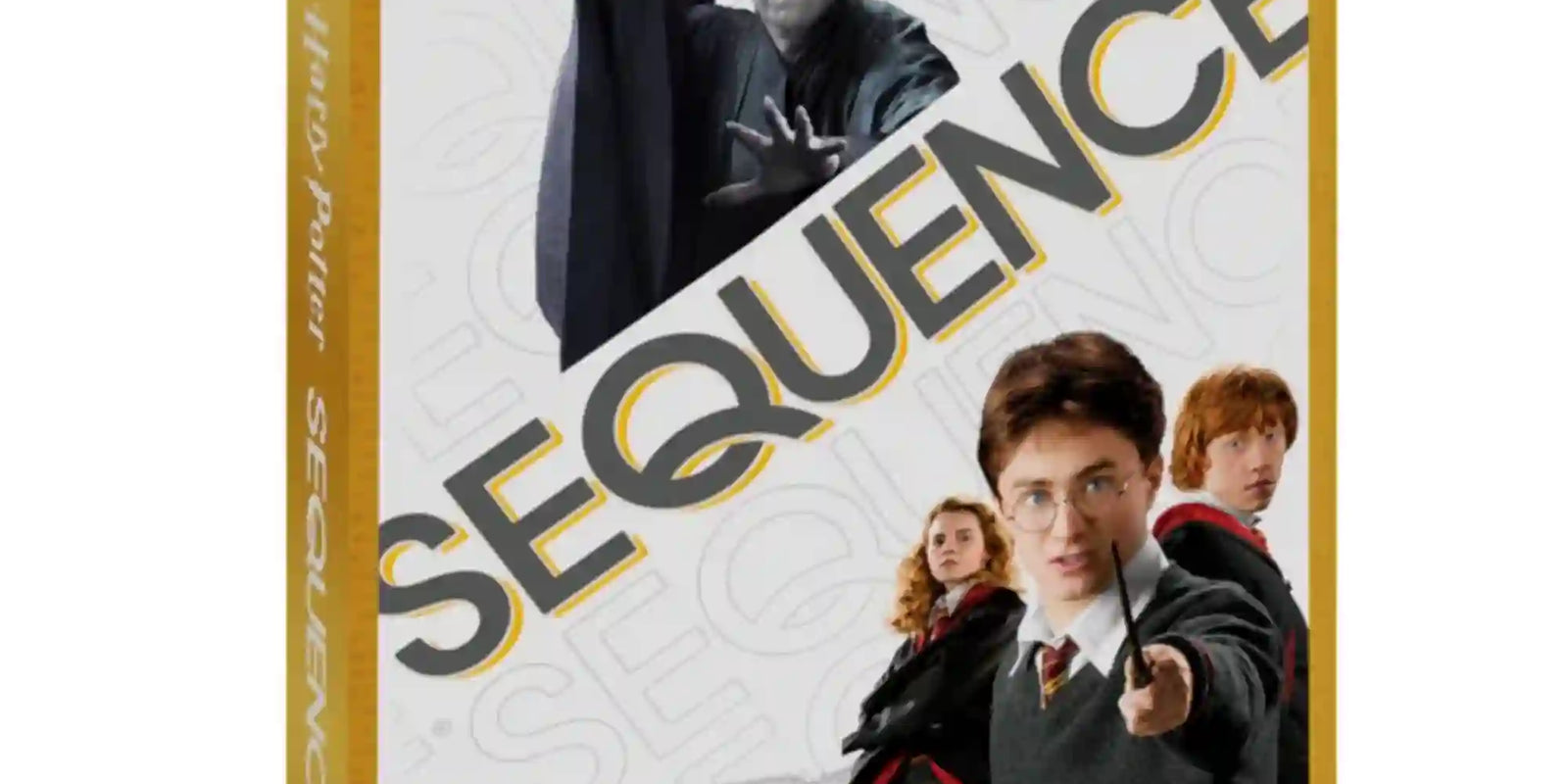 A Harry Potter Sequence társasjáték doboza elölnézetből Harry Potter, Hermione Granger, Ron Weasley és Voldemort szereplőivel.