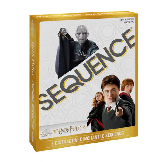 A Harry Potter Sequence társasjáték doboza elölnézetből Harry Potter, Hermione Granger, Ron Weasley és Voldemort szereplőivel.
