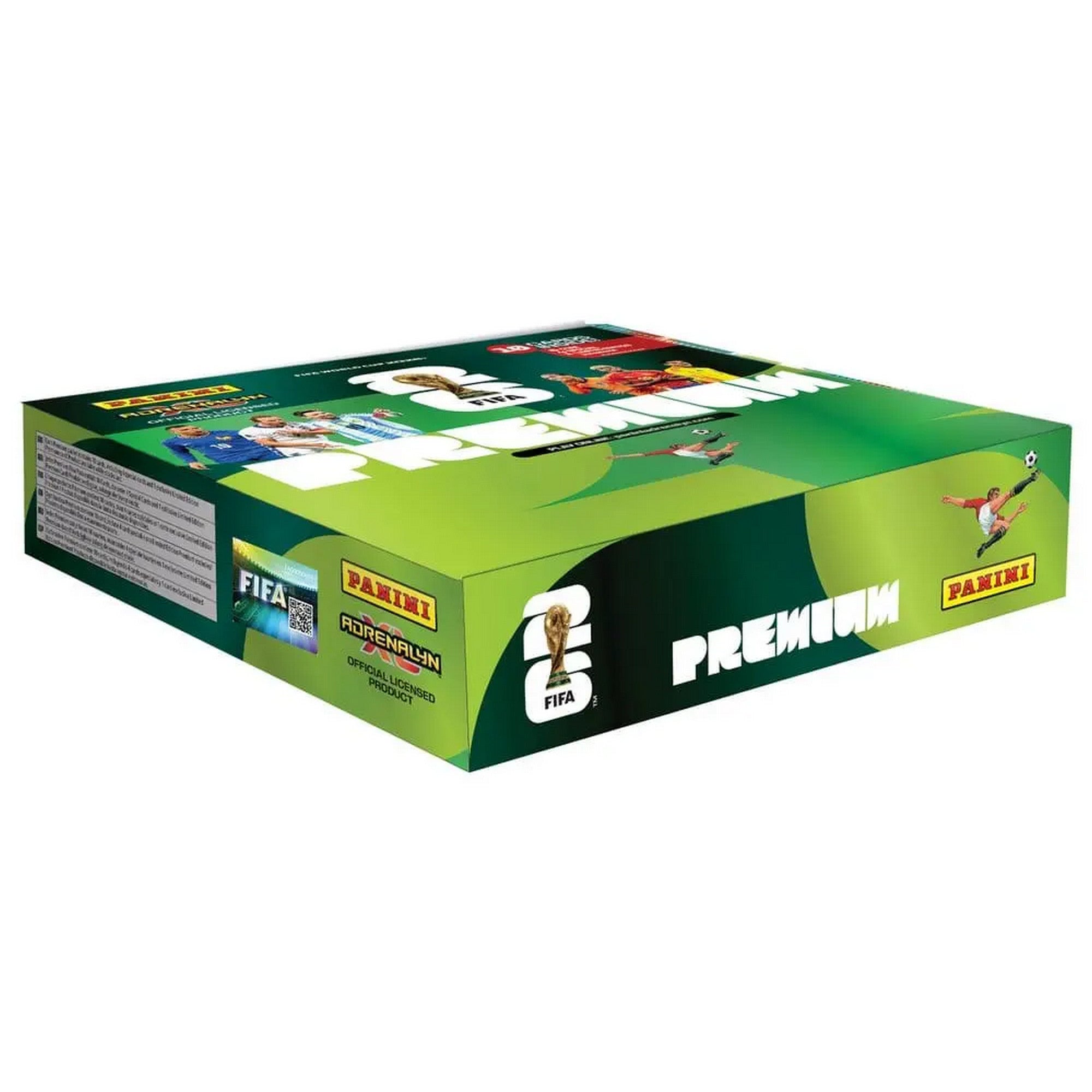 Panini FIFA World Cup 2026 Adrenalyn XL Premium Pocket gyűjtőkártya doboz 10 csomaggal, zöld világbajnoki csomagolással és futballsztárokat ábrázoló grafikával