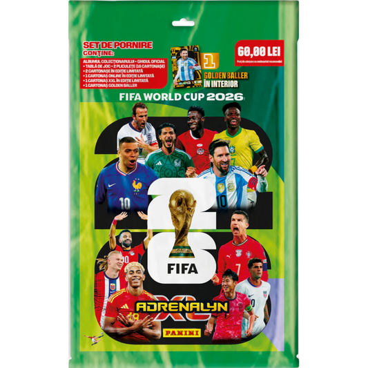 Set Panini FIFA World Cup 2026 Adrenalyn XL Starter Pack gyűjtőkártya kezdőcsomag, zöld csomagolásban, világbajnoki játékosok grafikáival és Panini kártyagyűjtő készlettel