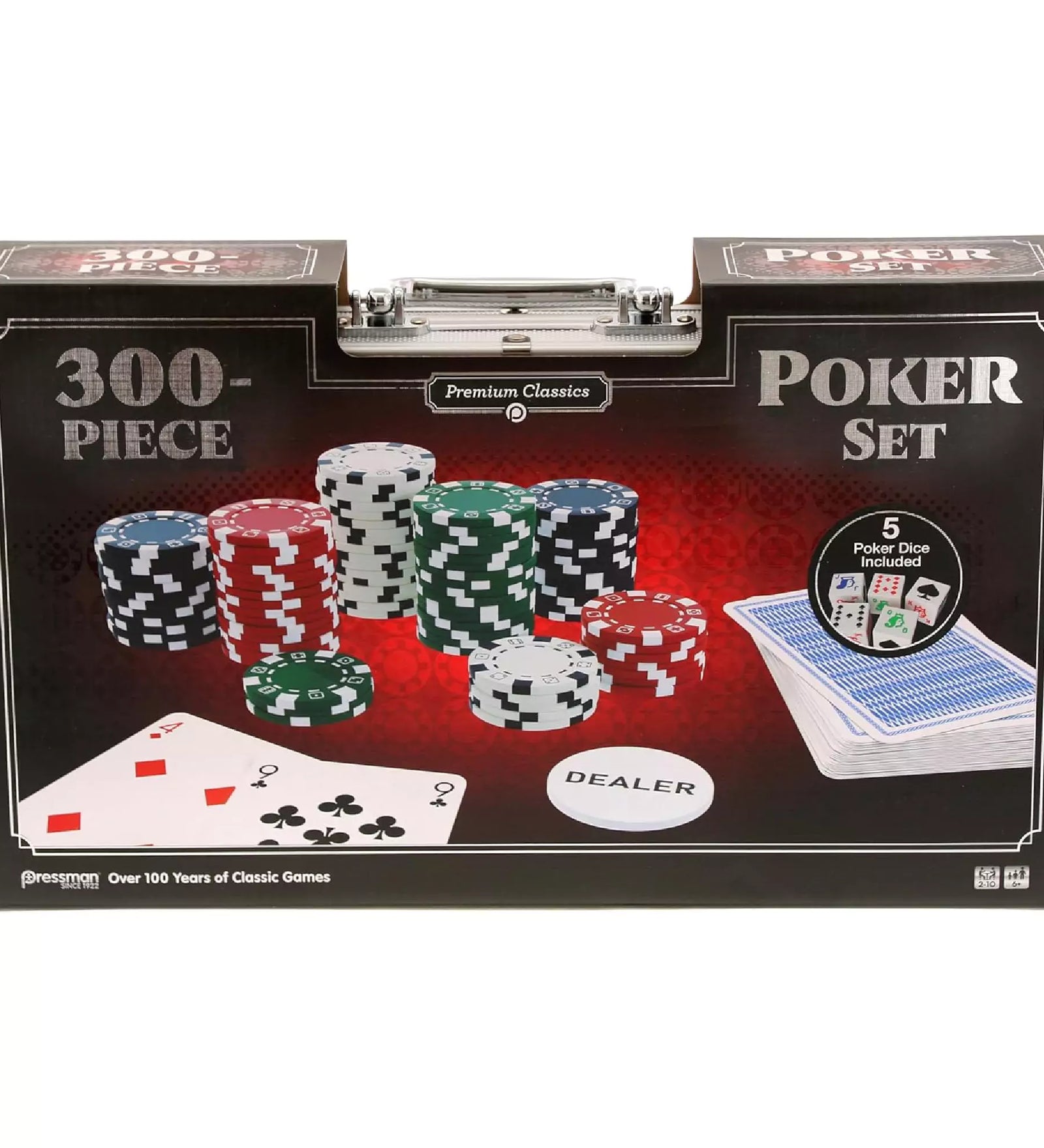 Poker Set – 300 darabos klasszikus készlet doboza piros-fekete dizájnnal, rajta zsetonok, kártyák, „DEALER” korong, valamint a csomag tartalma kiemelve.