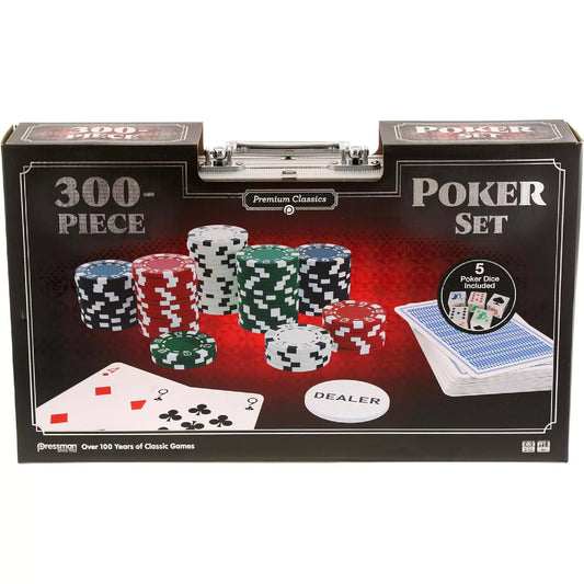 Poker Set – 300 darabos klasszikus készlet doboza piros-fekete dizájnnal, rajta zsetonok, kártyák, „DEALER” korong, valamint a csomag tartalma kiemelve.