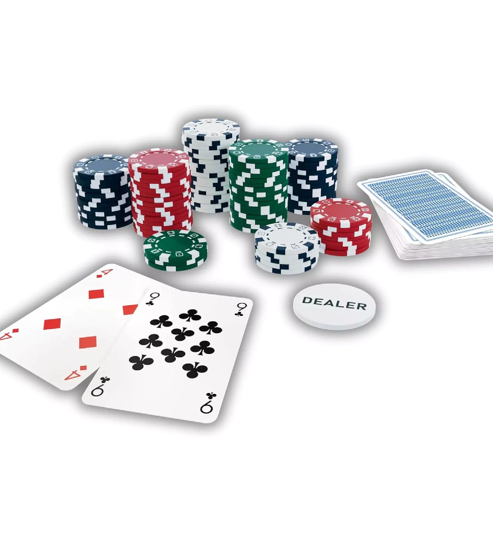 300 darabos Poker Set tartozékai: színes zsetonok különböző kupacokban, két leosztott játékkártya, pakli kék hátlapú kártya és egy „DEALER” jelölő korong fehér háttéren.