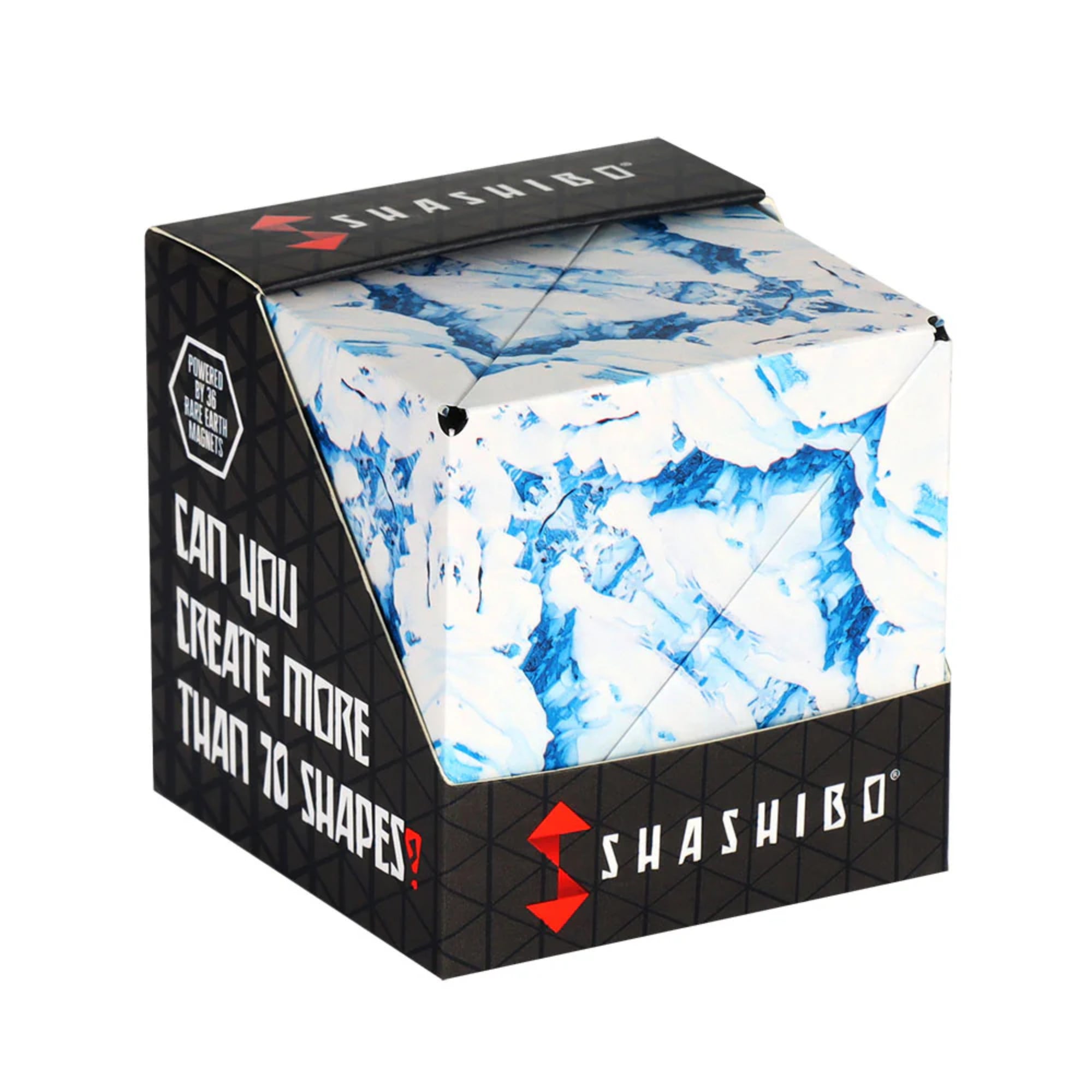 Második kép: A Shashibo Arctic mágneses átalakítható kocka doboza, jeges, kék-fehér mintával és a „Can you create more than 70 shapes?” felirattal.