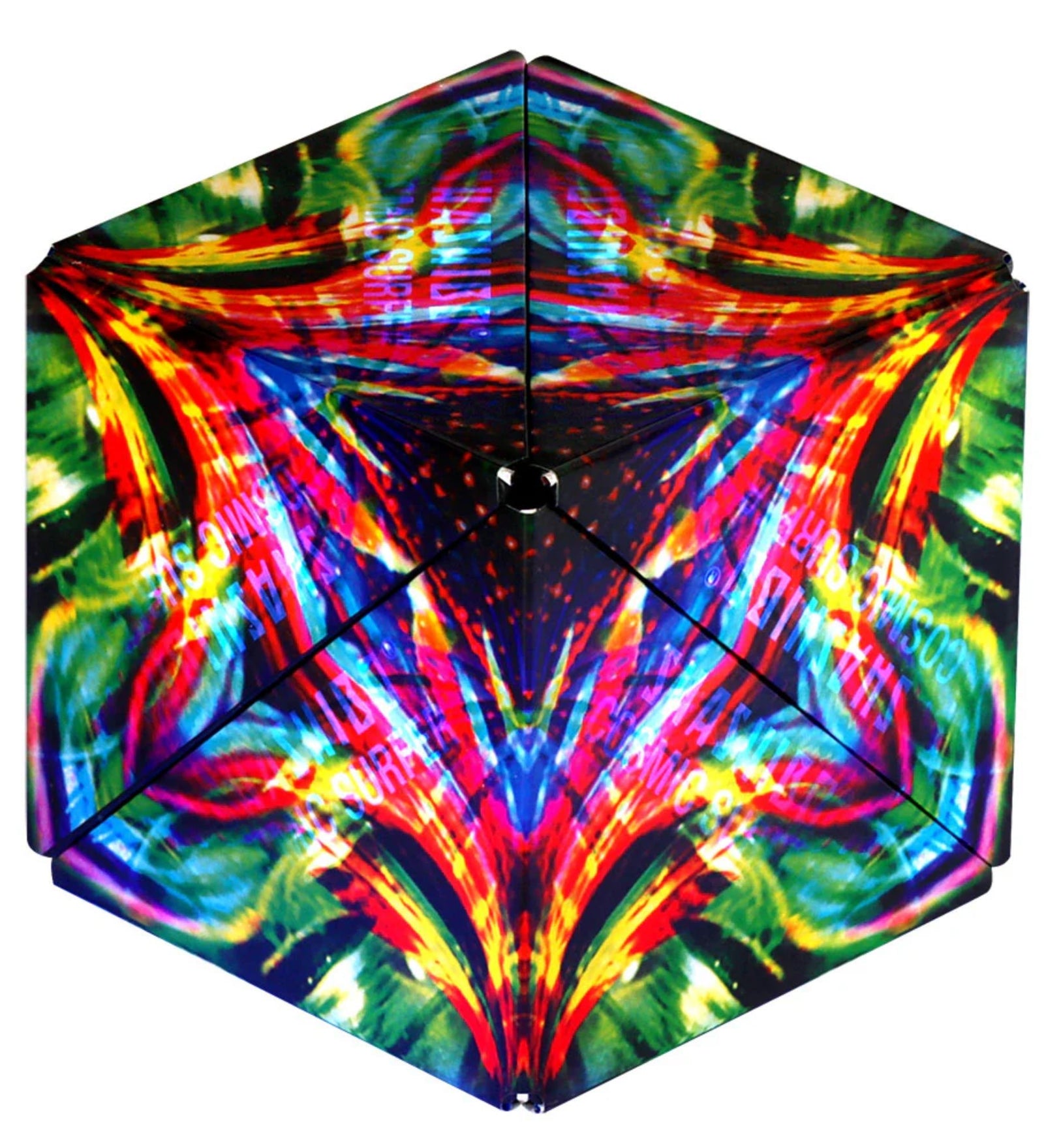 A Shashibo Cosmic Surfer kocka hatszög alakban, kaleidoszkópszerű, szivárványos mintázattal, középen fekete ponttal.