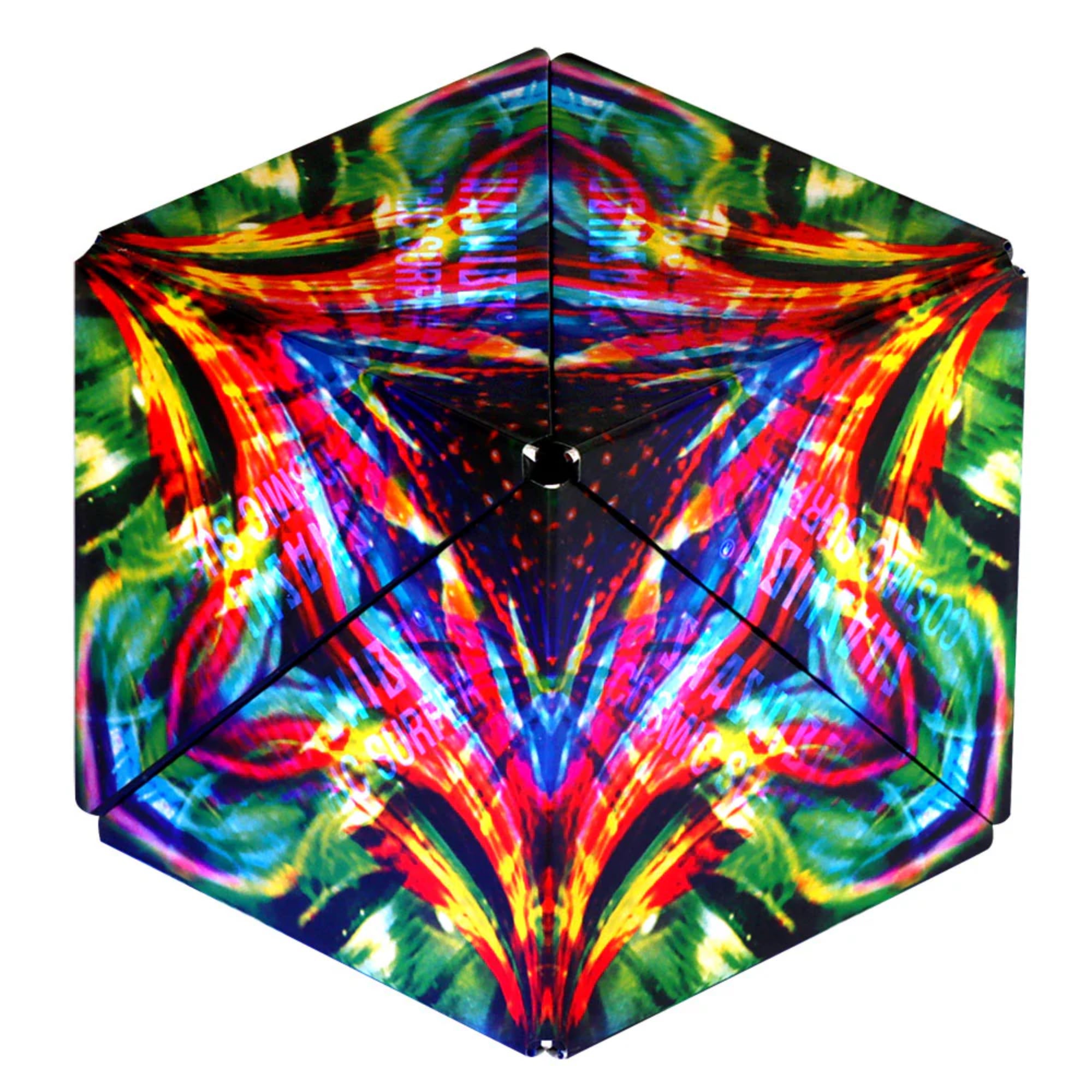 A Shashibo Cosmic Surfer kocka hatszög alakban, kaleidoszkópszerű, szivárványos mintázattal, középen fekete ponttal.