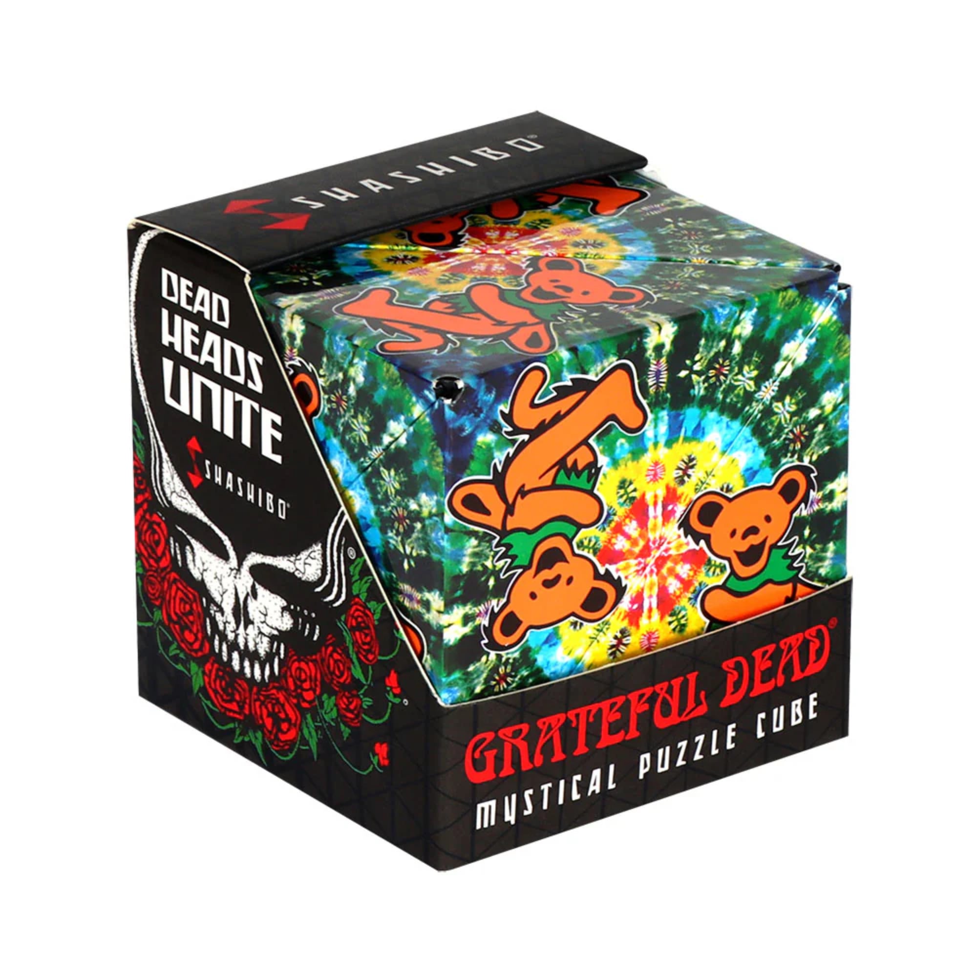 A Shashibo: Dancing Bears mágneses átalakítható kocka doboza, színes, pszichedelikus mintával és táncoló medvékkel díszítve, a Grateful Dead tematikájában, fekete alapon piros és zöld részletekkel.