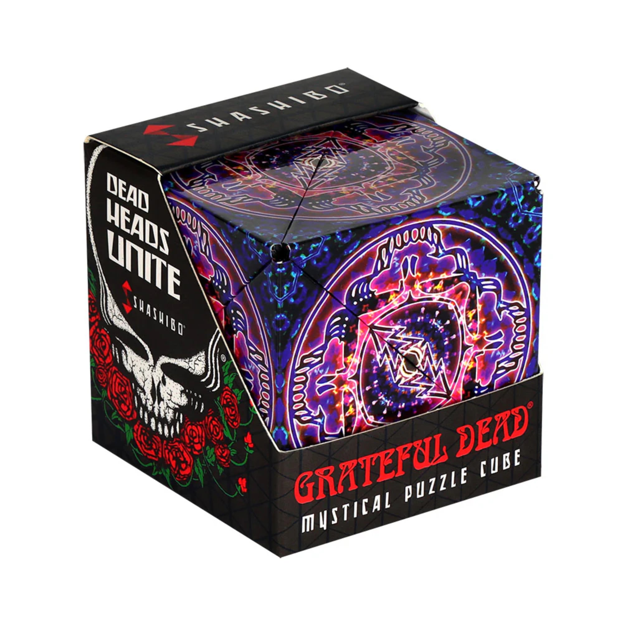 A Shashibo: Haight Ashbury mágneses átalakítható kocka doboza, sötét, pszichedelikus mintával, fénylő lila és kék motívumokkal, középen villám alakú szimbólummal és a Grateful Dead logóval díszítve.