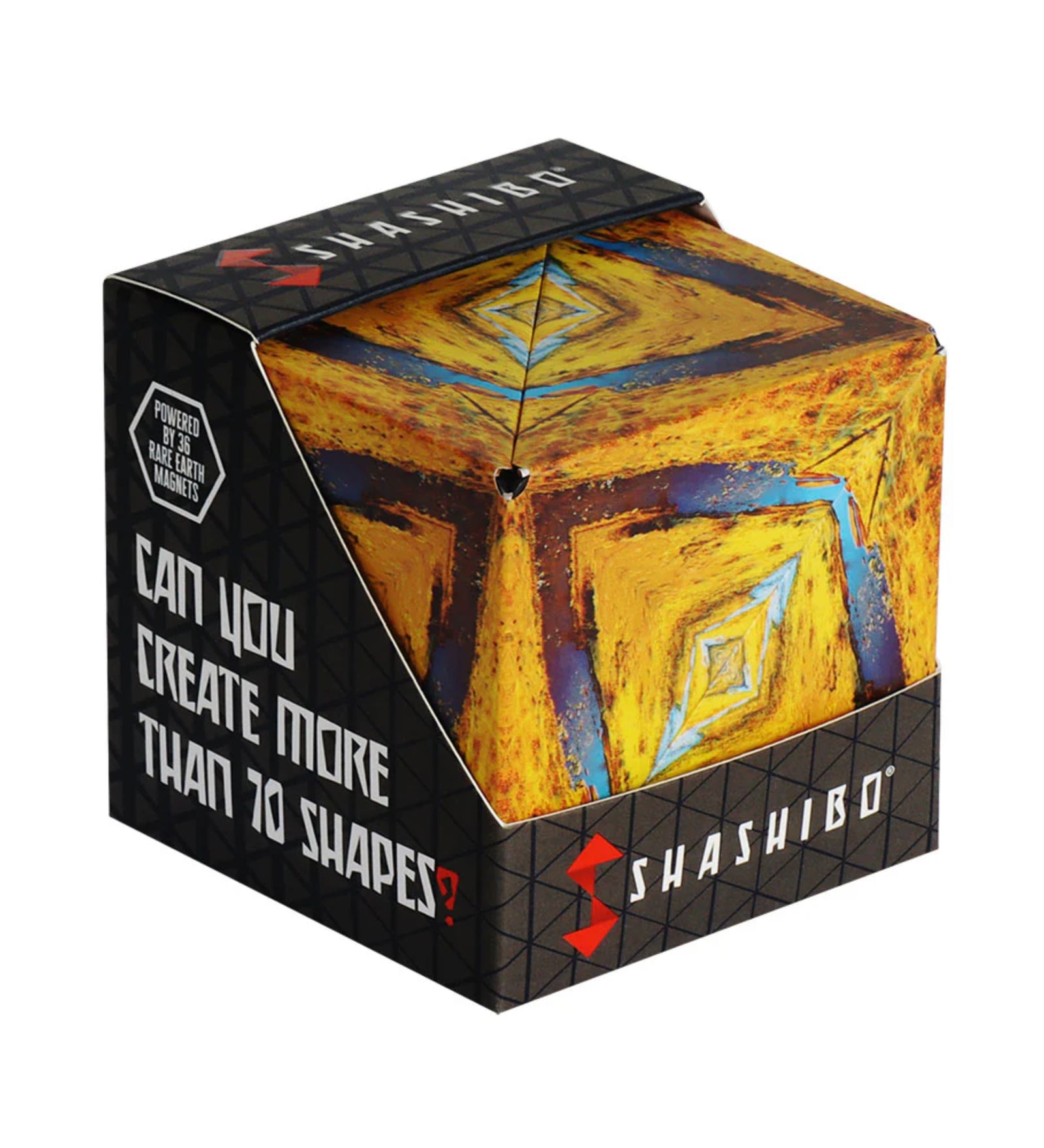 Második kép: A Shashibo Savanna átalakítható kocka doboza, élénk, naplemente-hangulatú mintával és a „Can you create more than 70 shapes?” felirattal.