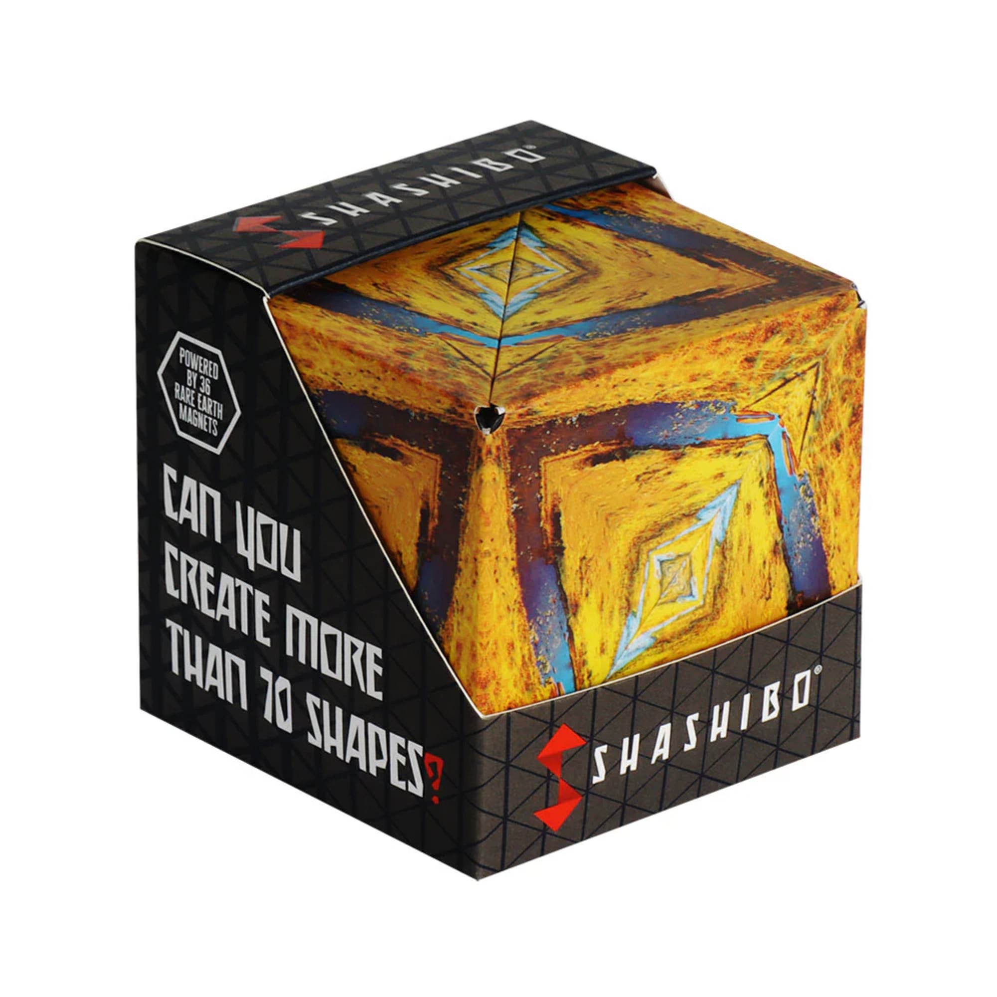 Második kép: A Shashibo Savanna átalakítható kocka doboza, élénk, naplemente-hangulatú mintával és a „Can you create more than 70 shapes?” felirattal.