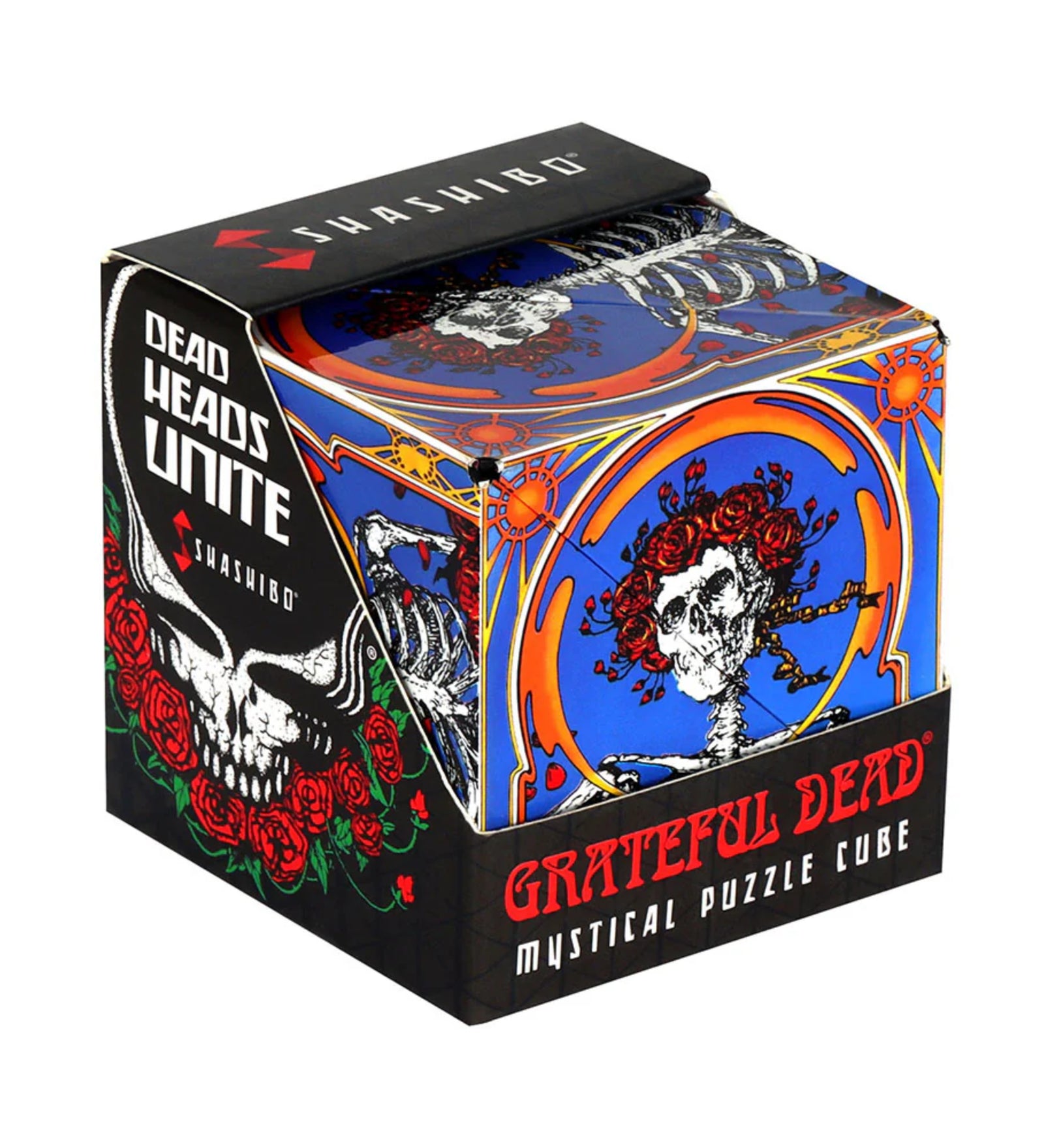 A Shashibo: Skull & Roses mágneses átalakítható kocka doboza, a Grateful Dead híres koponya és rózsás motívumával díszítve, élénk kék és narancssárga háttérrel, fekete alapon piros rózsákkal és „Dead Heads Unite” felirattal.