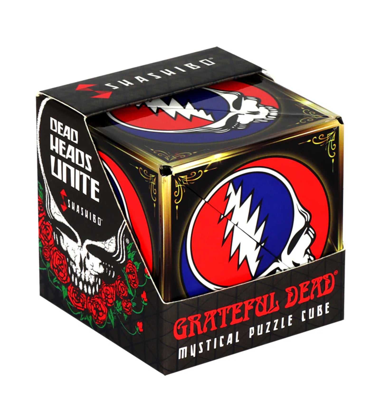 A Shashibo: Steal Your Face mágneses átalakítható kocka doboza, a Grateful Dead ikonikus koponya és villám logójával, piros-kék háttérrel, fekete alapon piros rózsás díszítéssel és „Dead Heads Unite” felirattal.