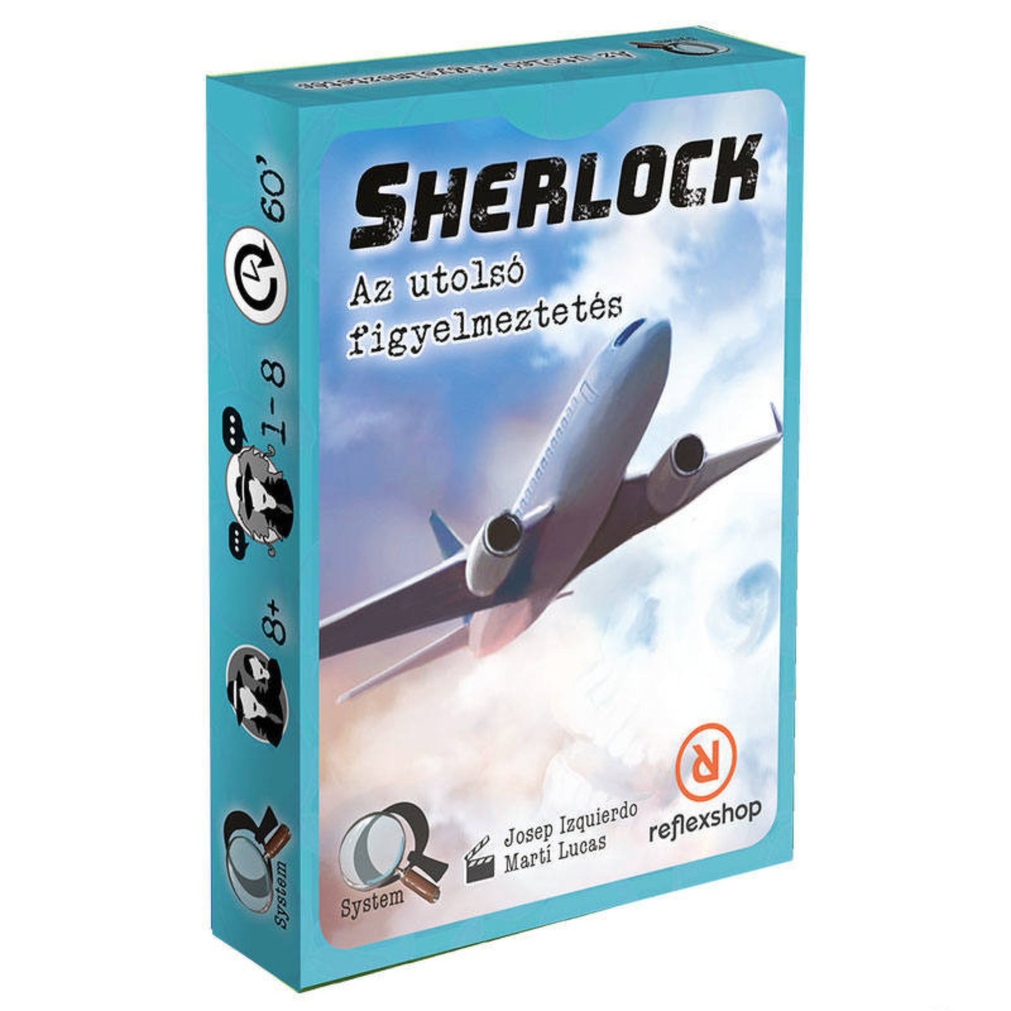 Sherlock – Az utolsó figyelmeztetés” társasjáték világoskék doboza, amelyen egy felszálló utasszállító repülőgép látható felhős égbolt háttérrel.