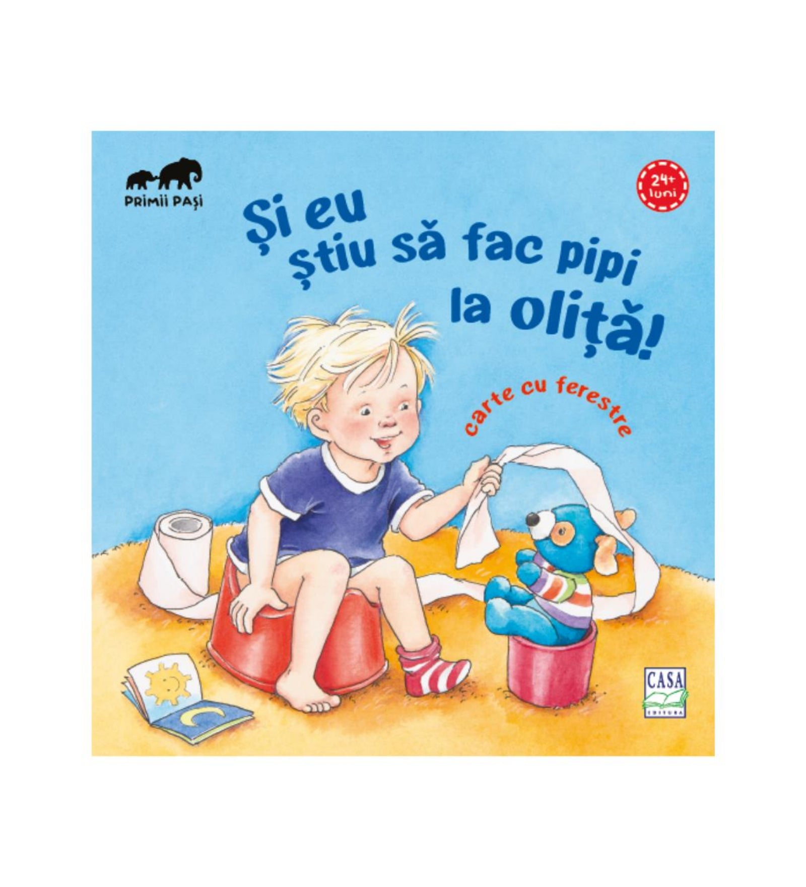 „Și eu știu să fac pipi la oliță!” román nyelvű gyerekkönyv borítója, amelyen egy szőke kisgyerek piros bilire ülve játszik, miközben egy plüssmaci is biliben ül mellette, WC-papírral a kezében.