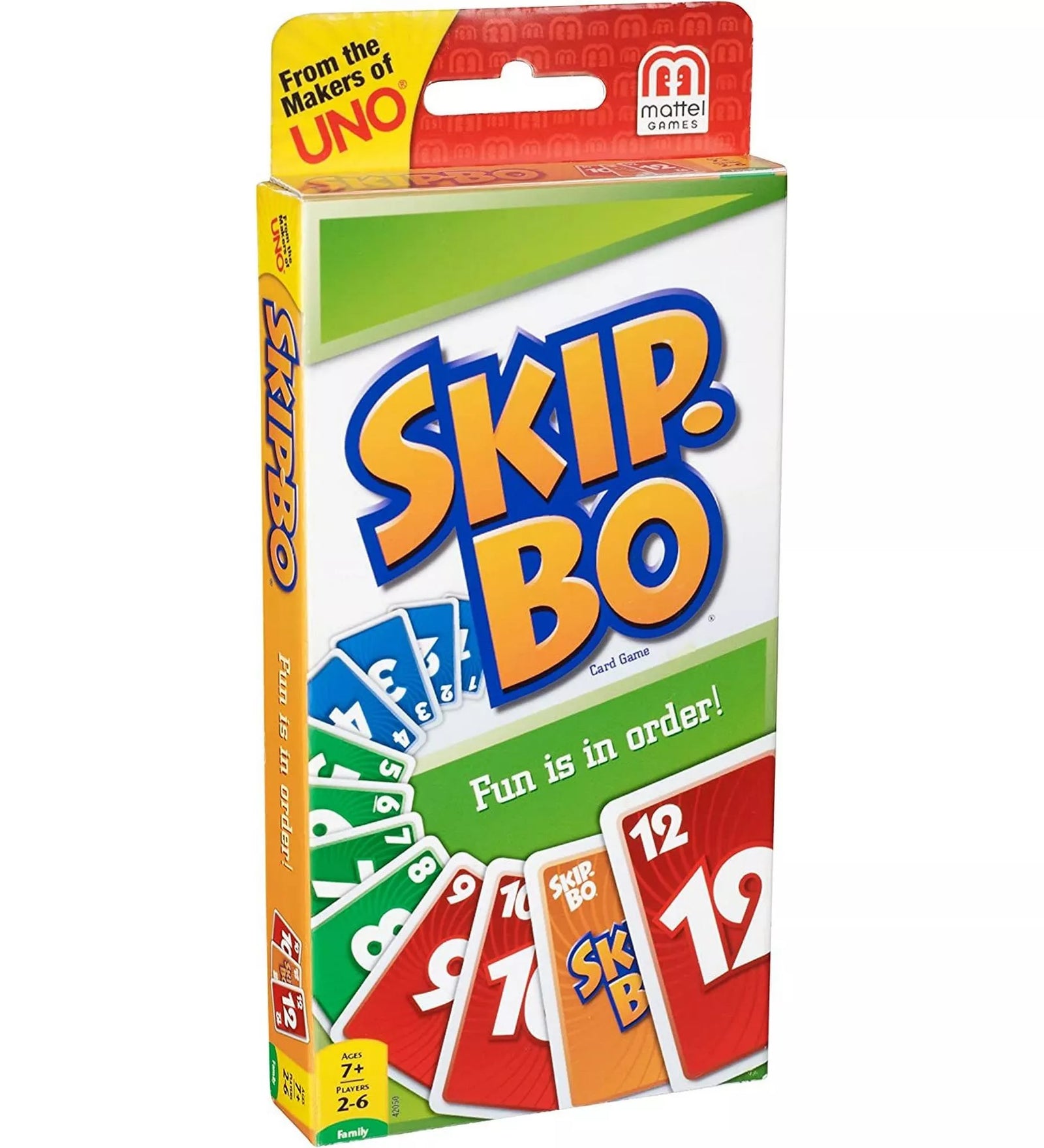 A Skip-Bo kártyajáték színes doboza, amelyen a játék logója, a Mattel Games márkajelzés és különböző számkártyák láthatók.