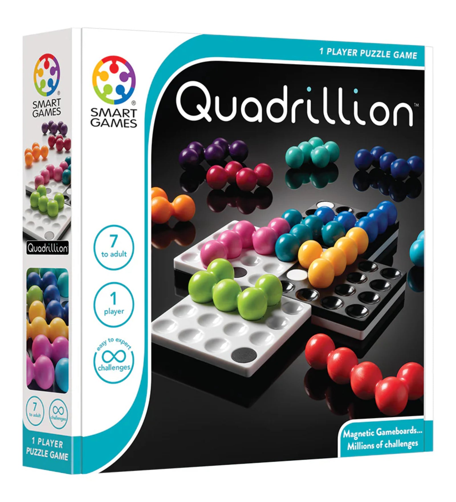 A képen a Smart Games Quadrillion logikai játék doboza látható, amely modern, letisztult dizájnnal hívja fel magára a figyelmet. A dobozon jól látható a játék különlegessége: a négy mágneses játéktábla és a színes, golyókból álló kirakóelemek. A "7 éves kortól felnőttig" felirat jelzi, hogy ez a játék szórakoztató kihívást jelent minden korosztály számára. A doboz alján az "1 játékos" ikon hangsúlyozza, hogy ez egy egyéni logikai játék. 