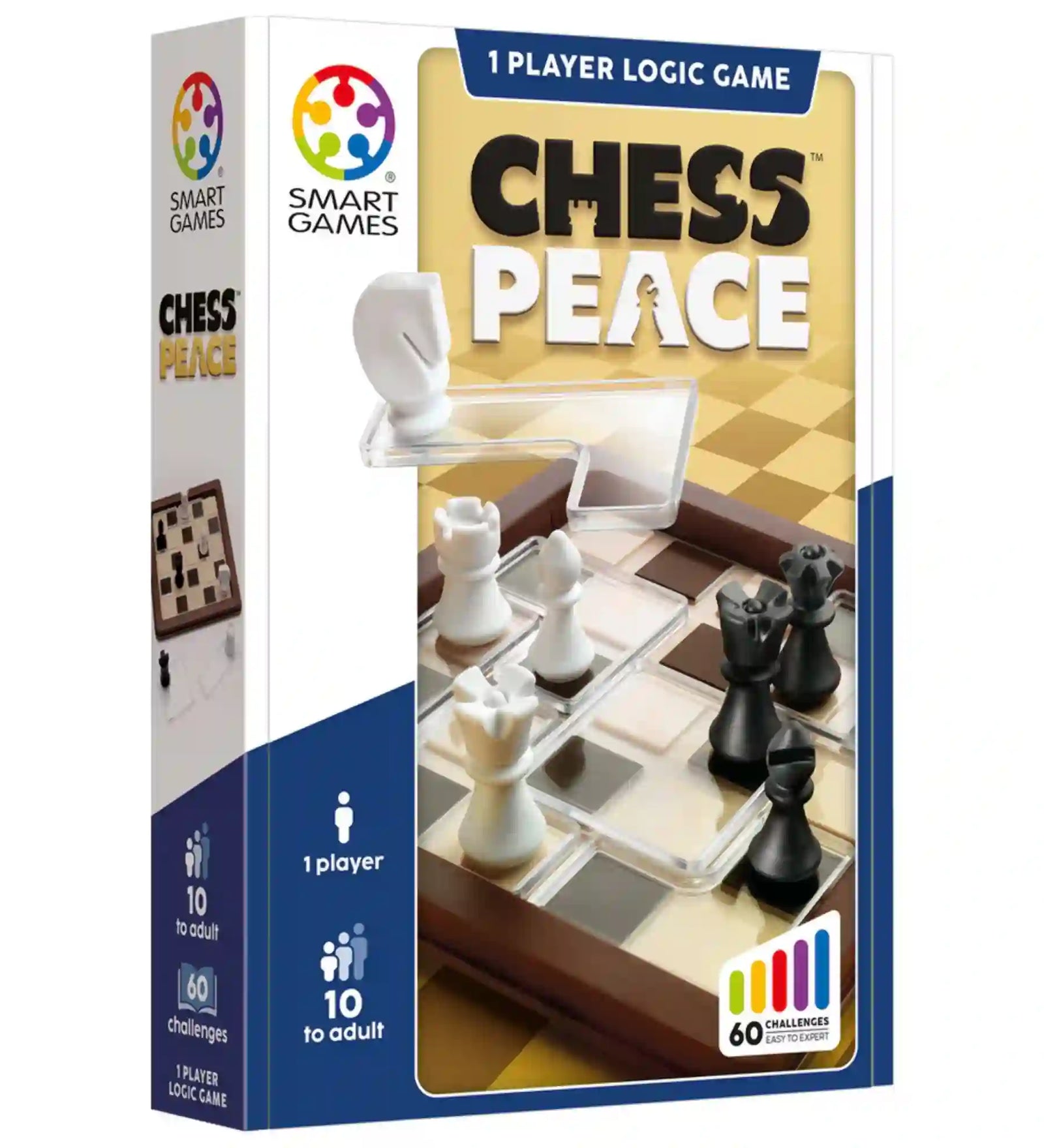Smart Games Chess Peace logikai játék doboza sakkfigurákkal és egyszemélyes stratégiai feladványokkal 10 éves kortól.