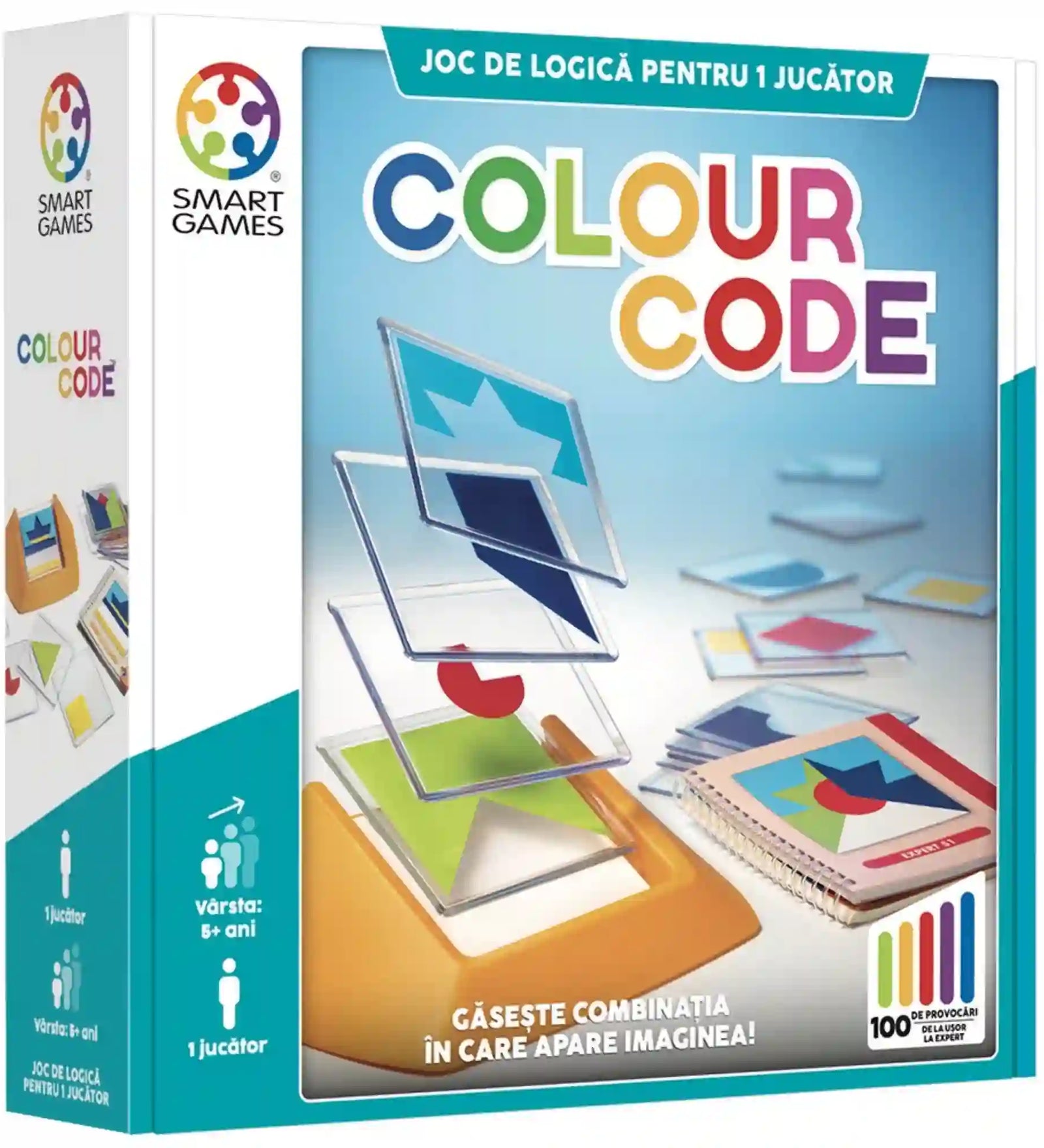 Smart Games Colour Code egyszemélyes logikai játék doboza színes, átlátszó formaelemekkel.