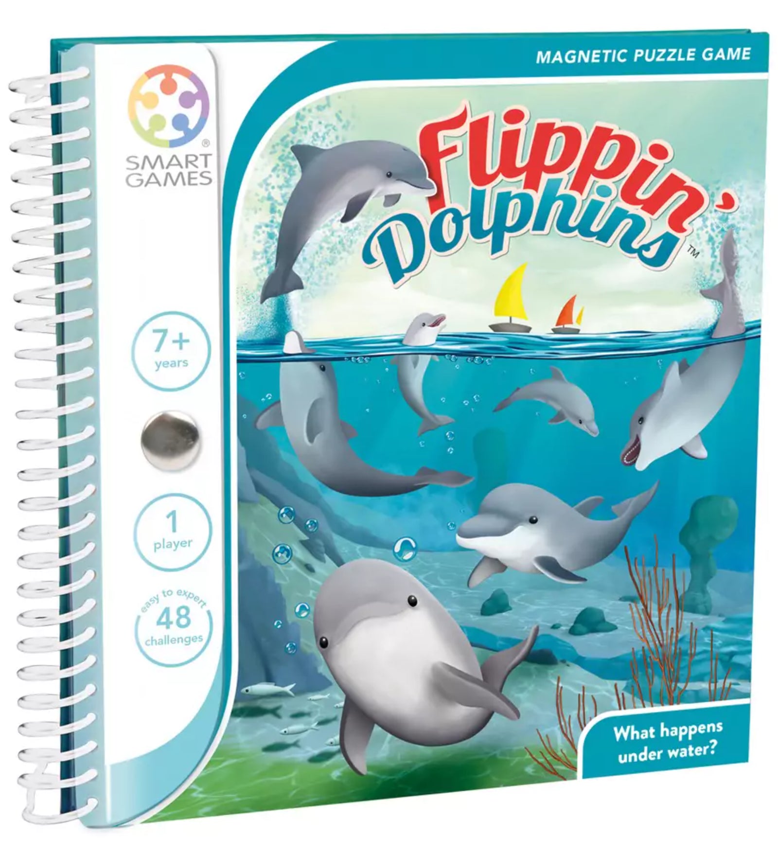 A Flippin’ Dolphins társasjáték borítója, amely egy mágneses logikai játék delfinekkel, 48 kihívással, 7 éves kortól ajánlott egyjátékos szórakozásra.