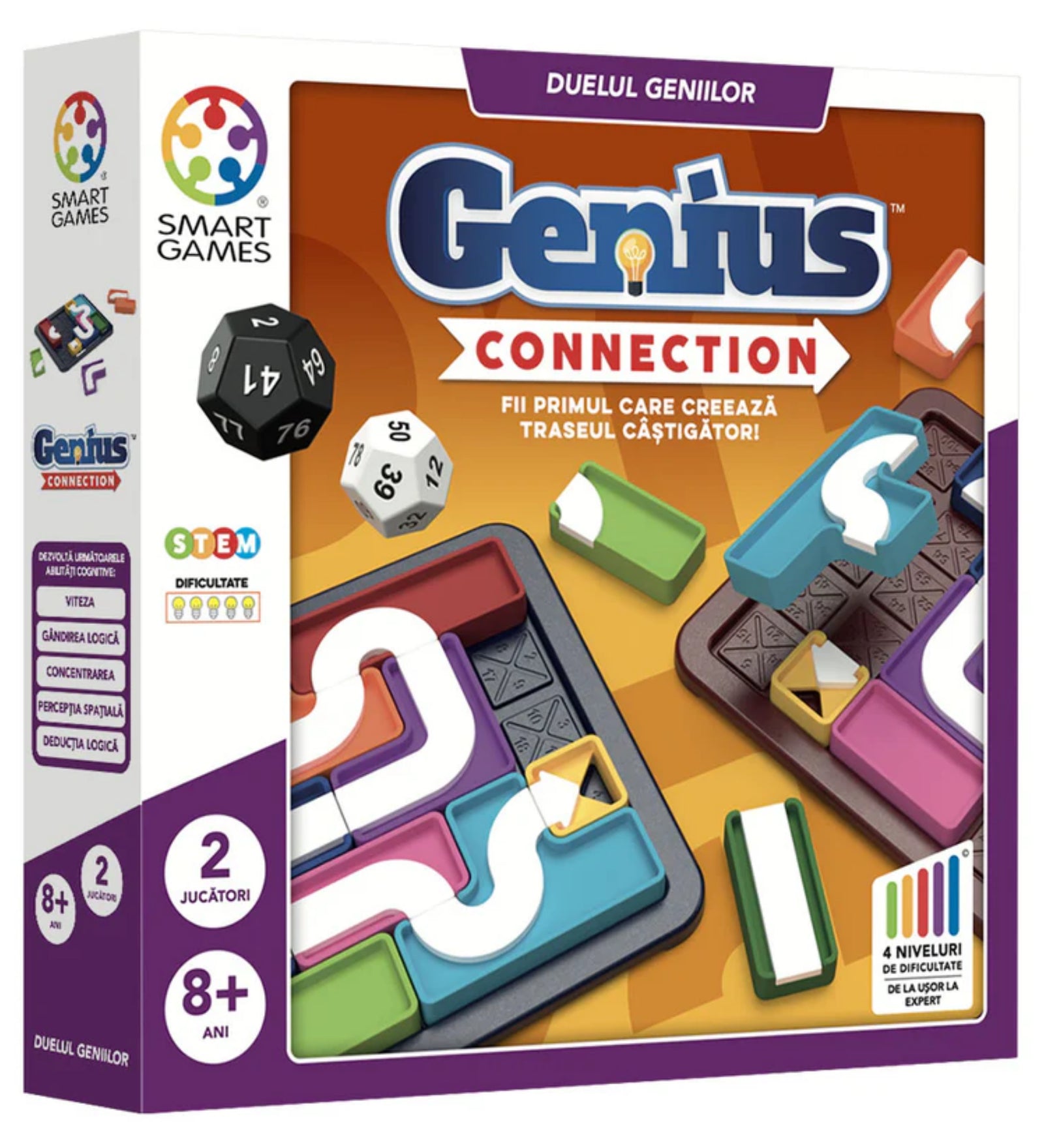 A Smart Games Genius Connection logikai társasjáték doboza, színes pályadarabokkal és kockákkal, 8 éves kortól ajánlott kétjátékos STEM játék.