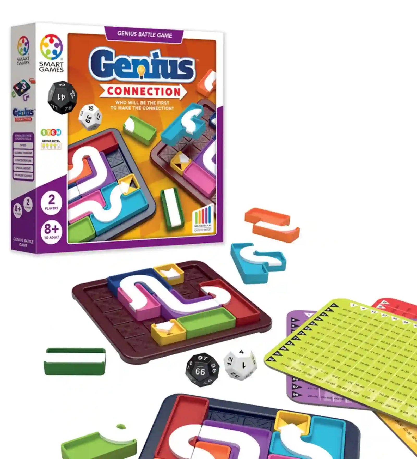 Smart Games Genius Connection logikai játék doboza, játéktáblái, színes elemei, dobókockái és feladatlapjai.